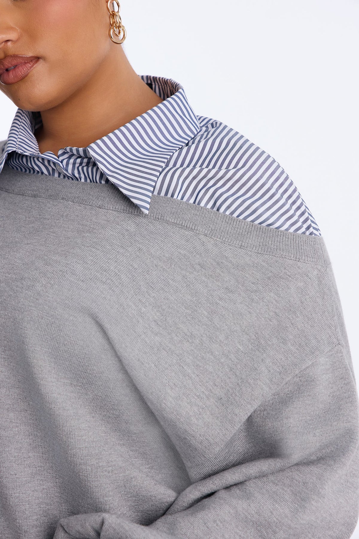 Coffee Break Striped Contrast Pullover Sweater - Grey/combo