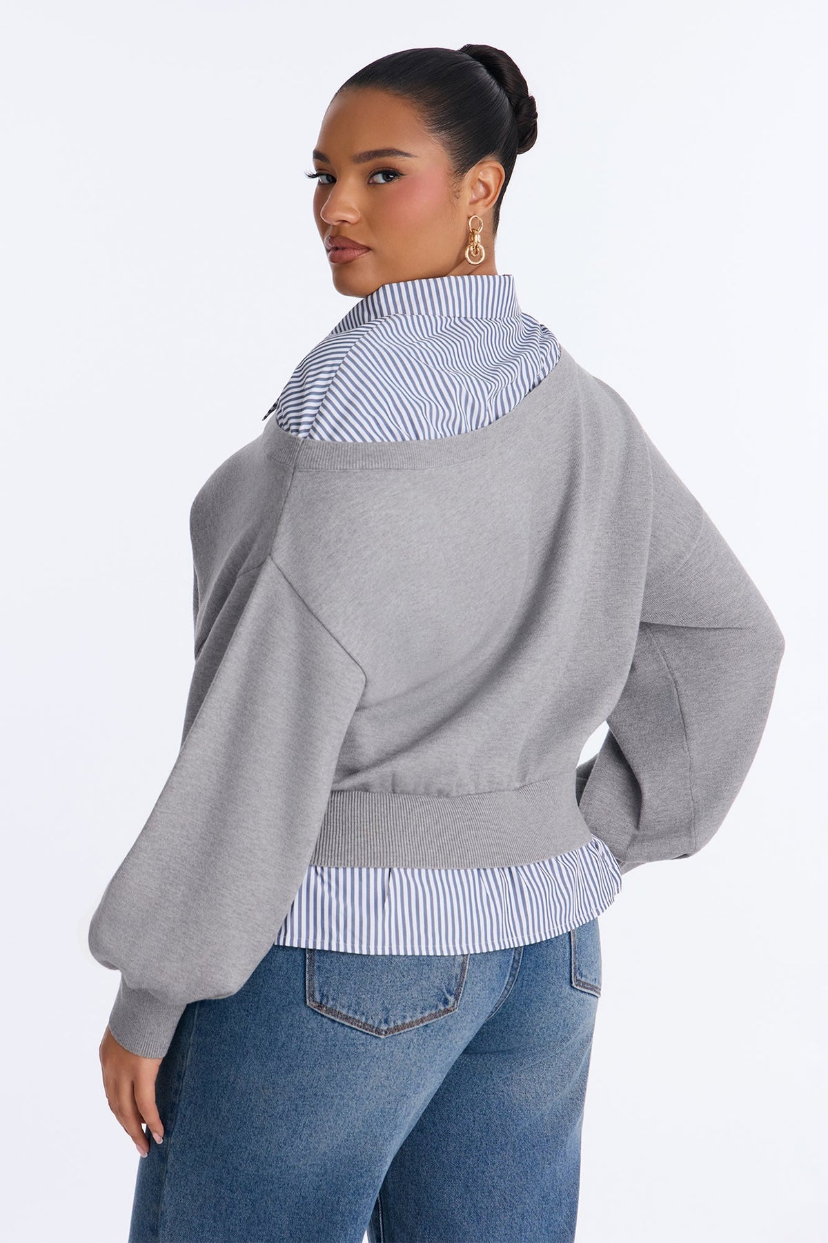 Coffee Break Striped Contrast Pullover Sweater - Grey/combo