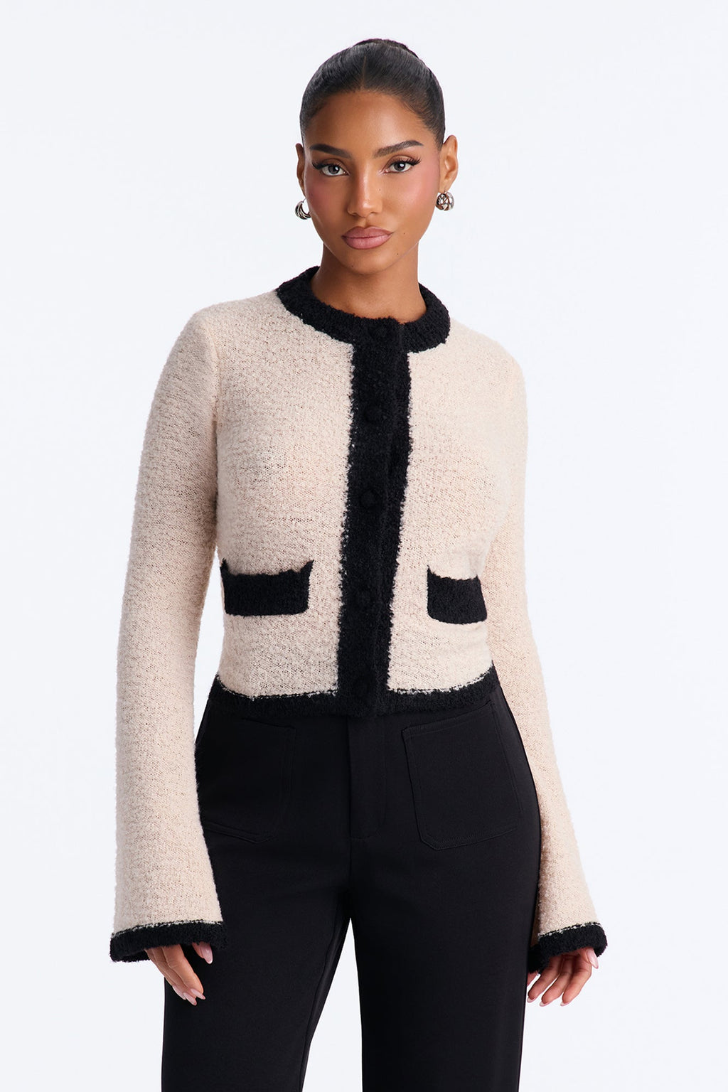 Cozy Attire Contrast Button Up Cardigan - Oatmeal/combo