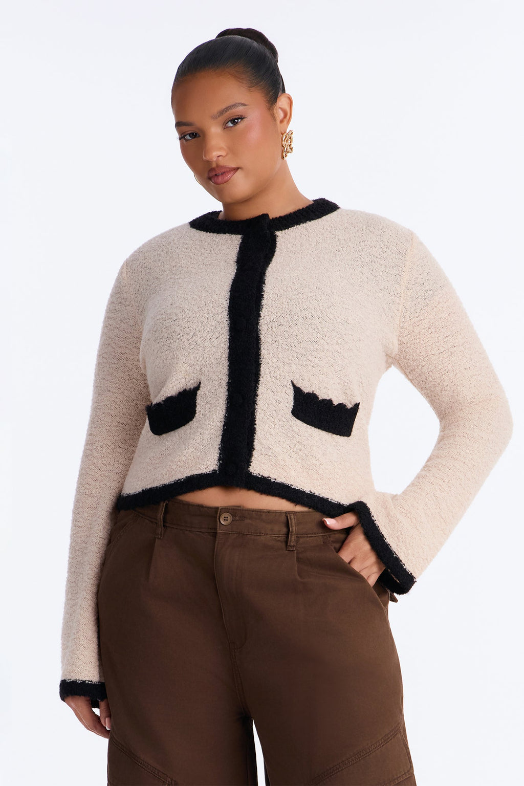 Cozy Attire Contrast Button Up Cardigan - Oatmeal/combo