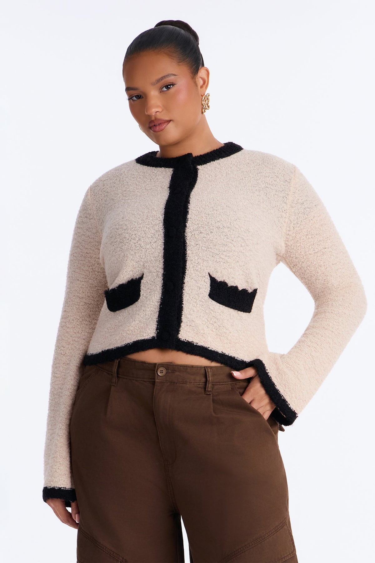 Cozy Attire Contrast Button Up Cardigan - Oatmeal/combo