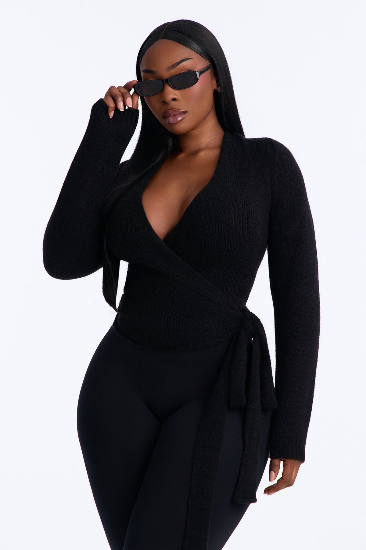 Sweetener Long Sleeve Surplice Wrap Cardigan - Black