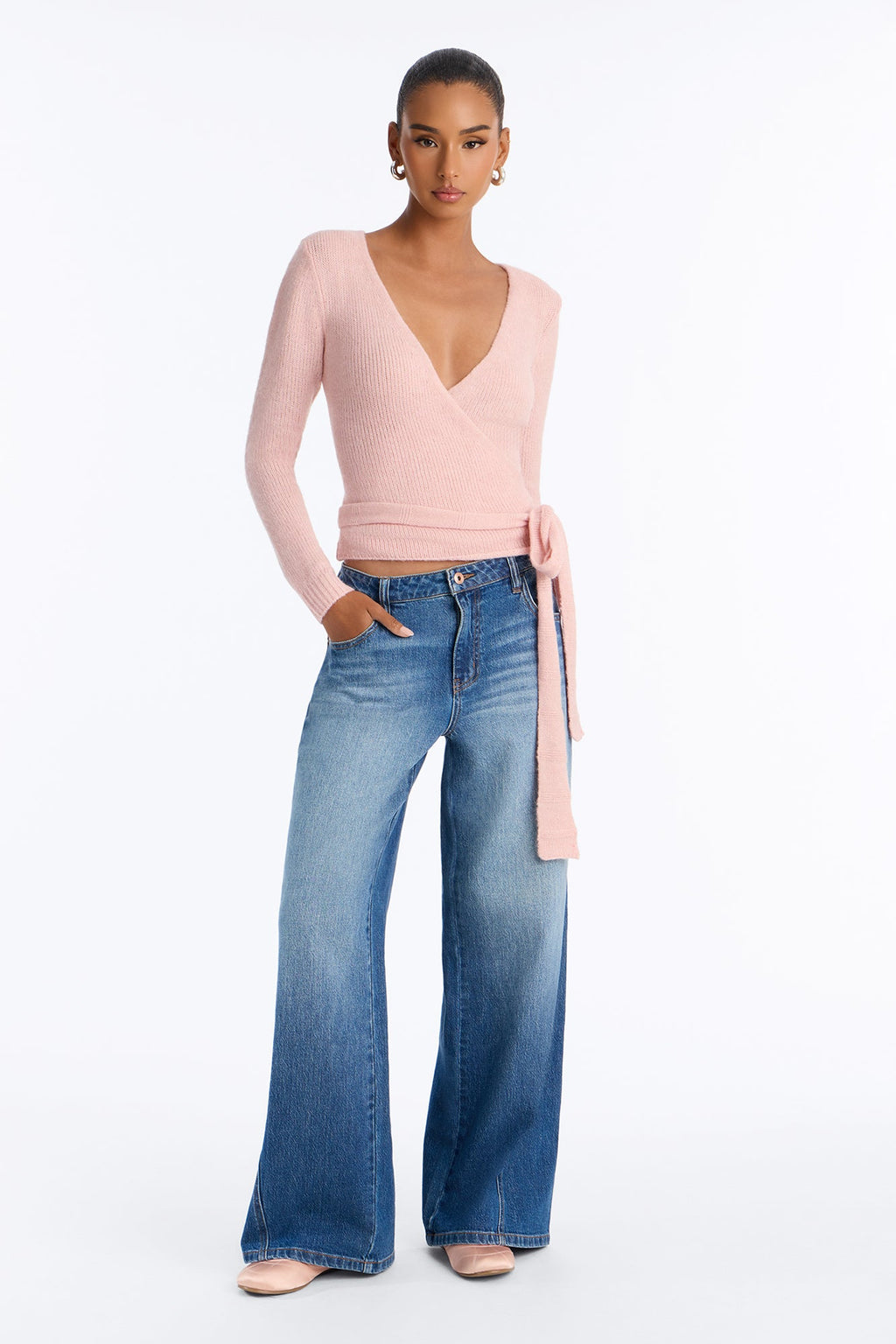 Sweetener Long Sleeve Surplice Wrap Cardigan - Light Pink