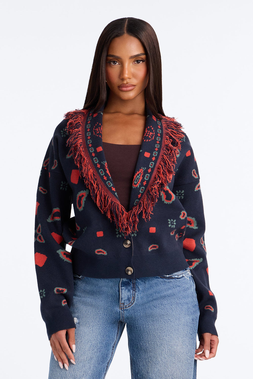 Lina Fringe Paisley Button Up Cardigan - Navy/combo