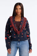 Lina Fringe Paisley Button Up Cardigan - Navy/combo