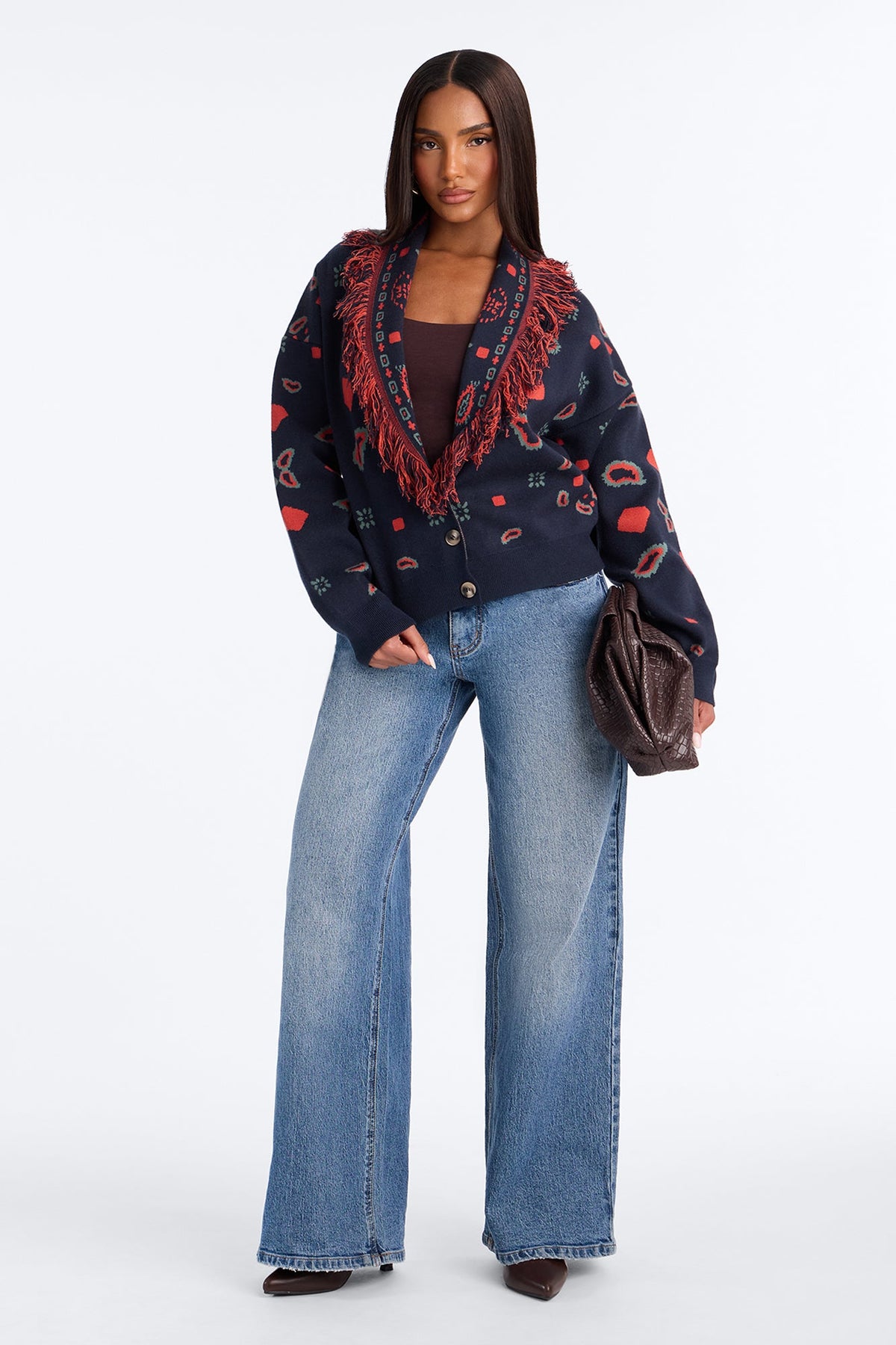 Lina Fringe Paisley Button Up Cardigan - Navy/combo