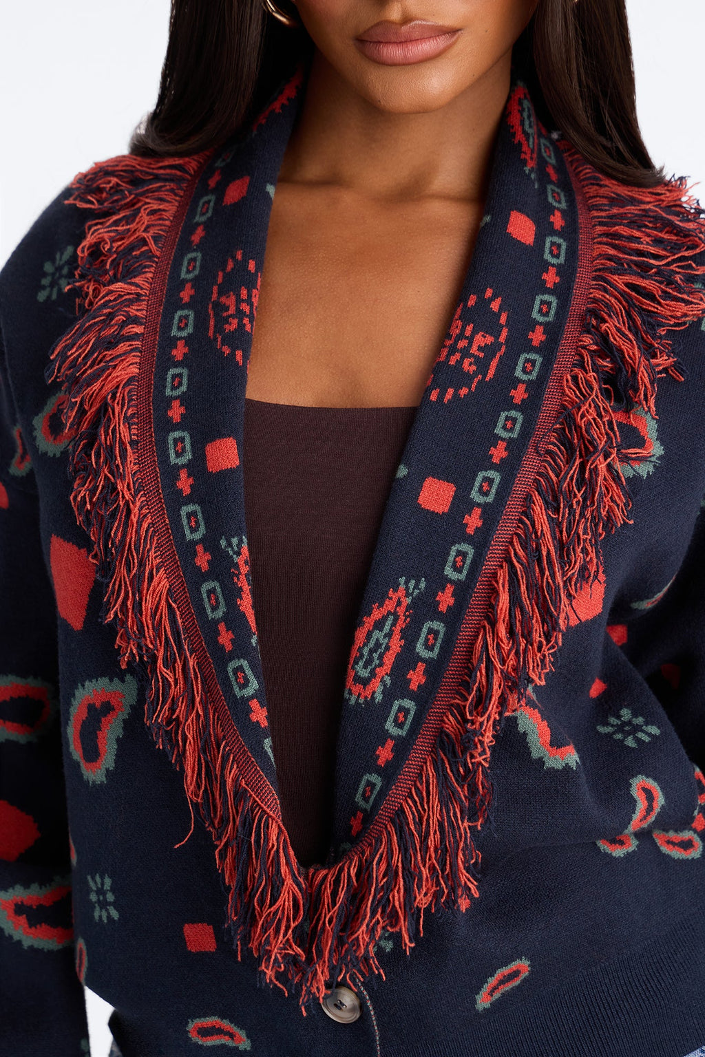 Lina Fringe Paisley Button Up Cardigan - Navy/combo