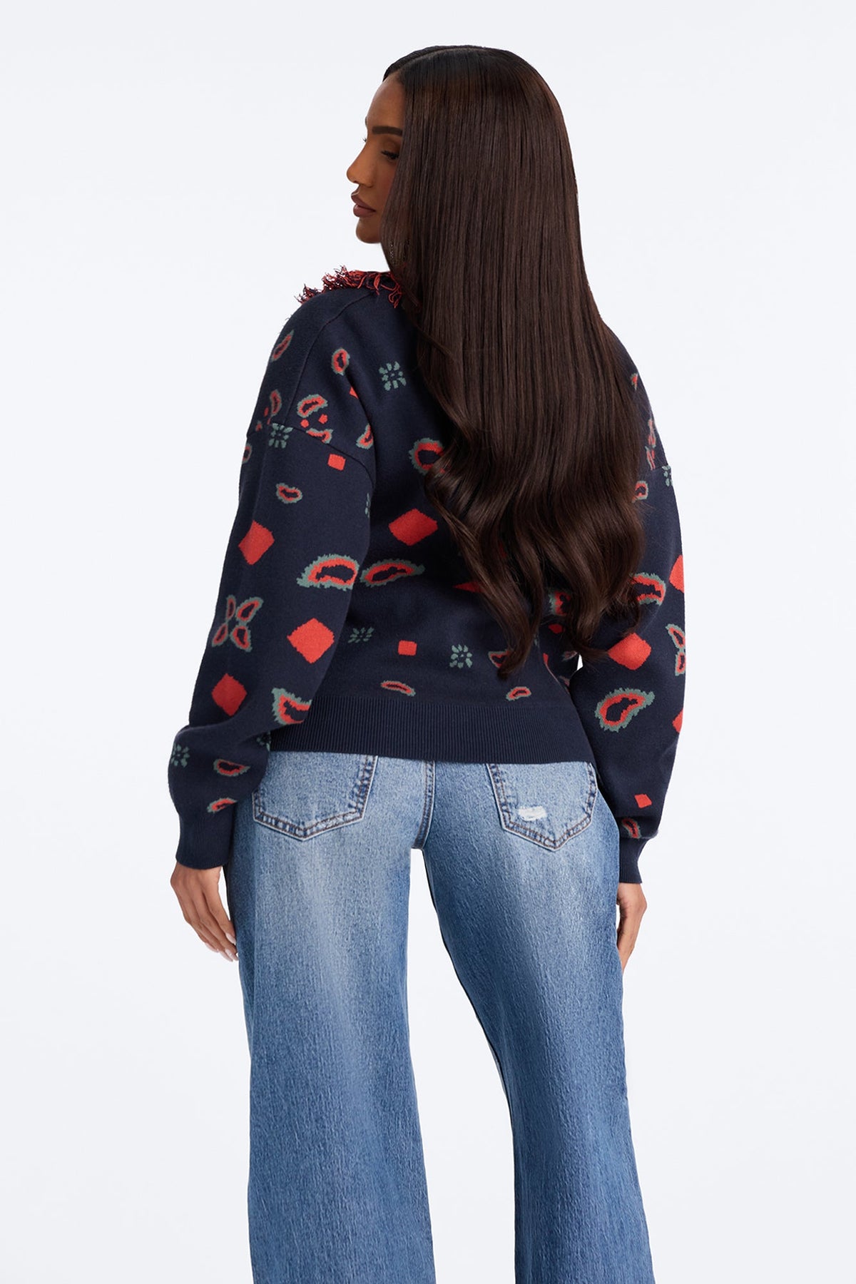 Lina Fringe Paisley Button Up Cardigan - Navy/combo
