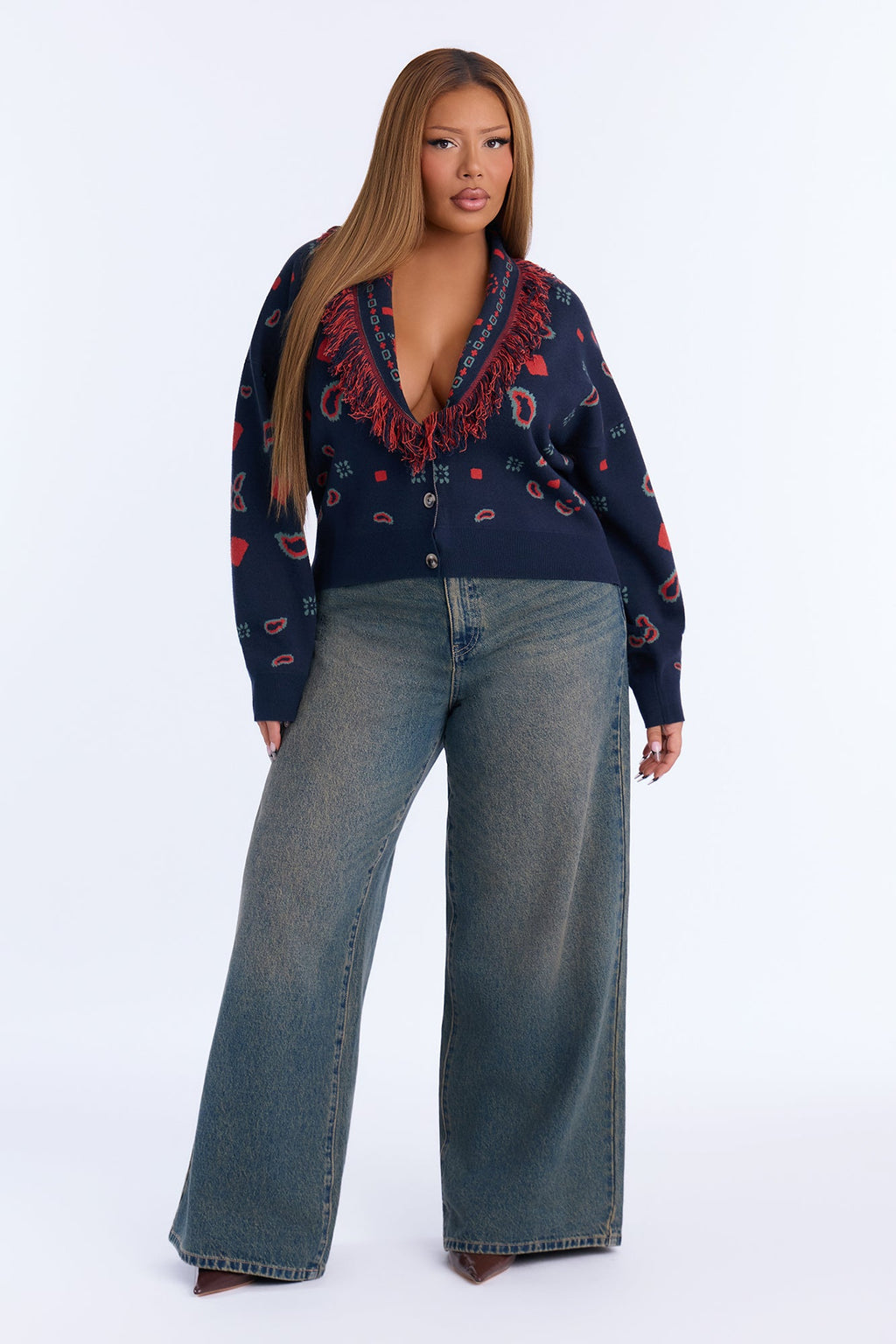 Lina Fringe Paisley Button Up Cardigan - Navy/combo