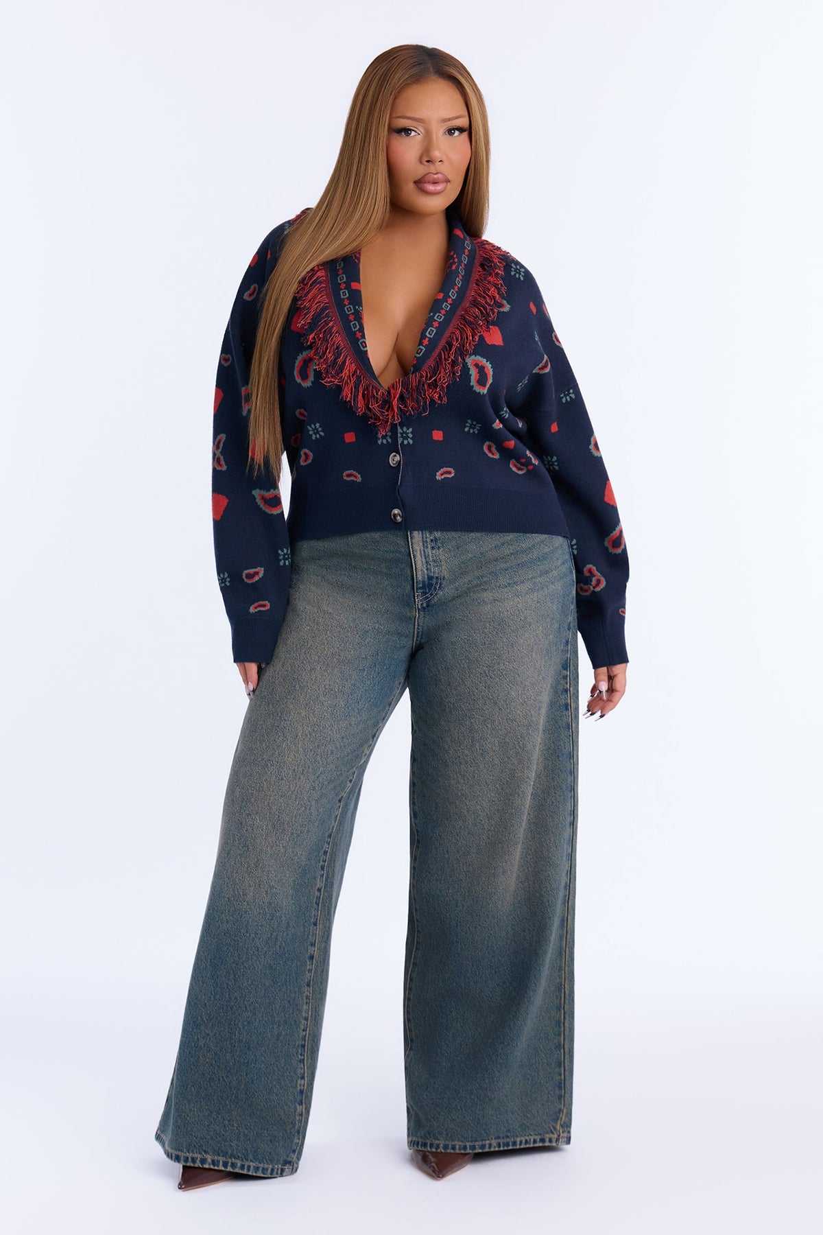 Lina Fringe Paisley Button Up Cardigan - Navy/combo