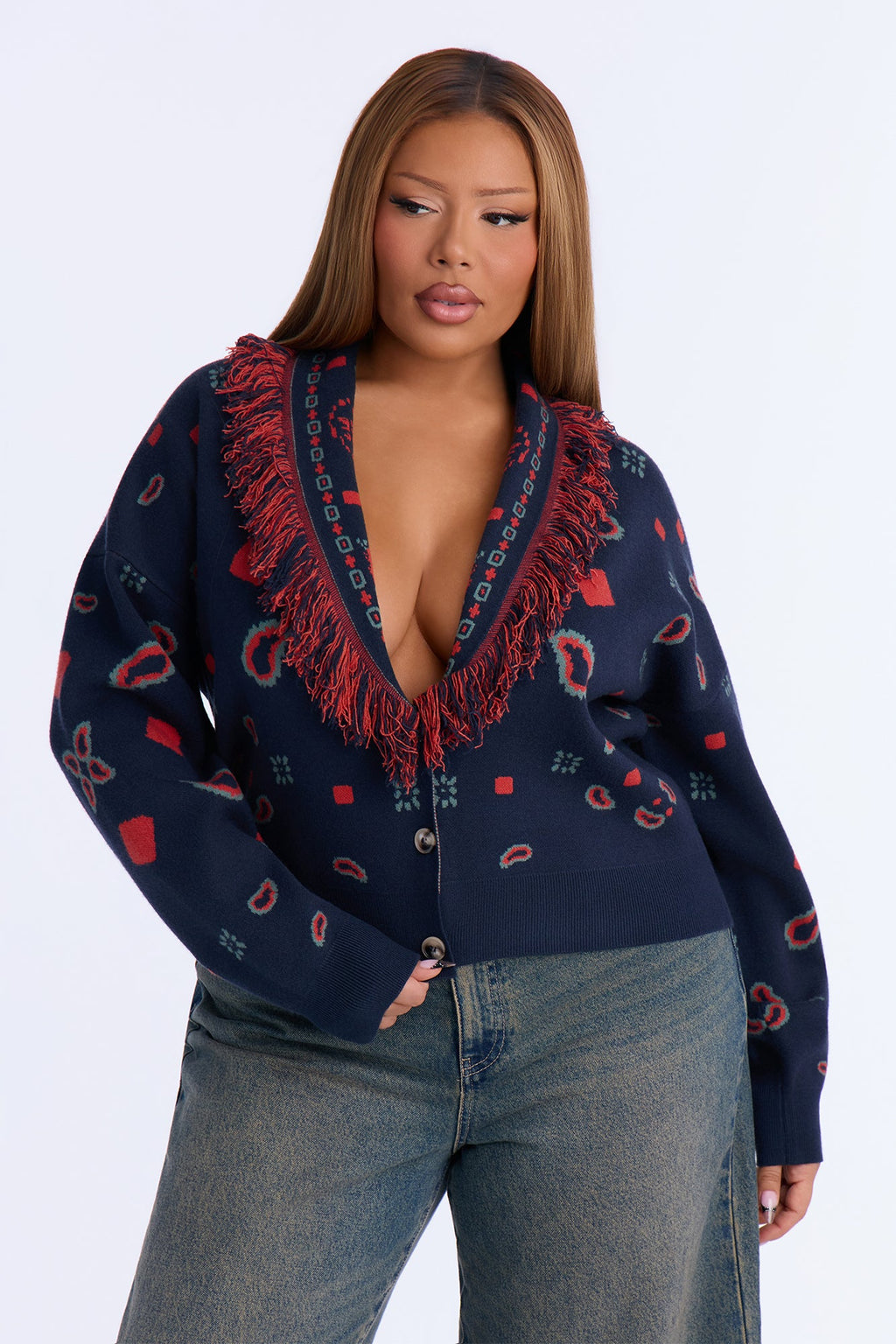 Lina Fringe Paisley Button Up Cardigan - Navy/combo