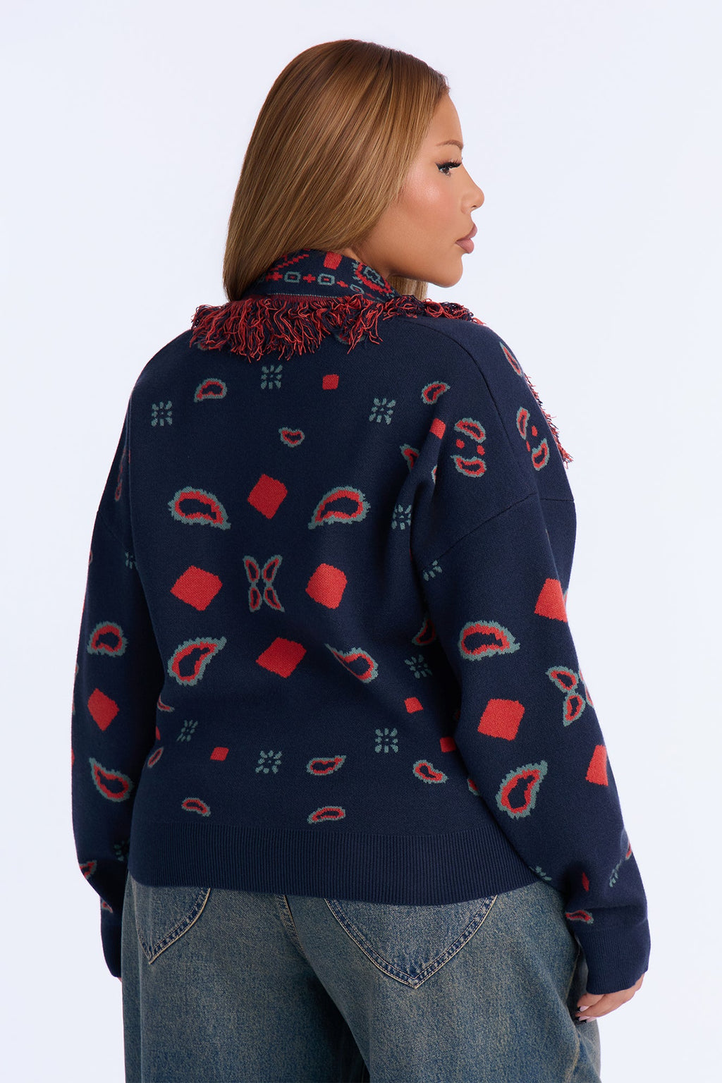 Lina Fringe Paisley Button Up Cardigan - Navy/combo