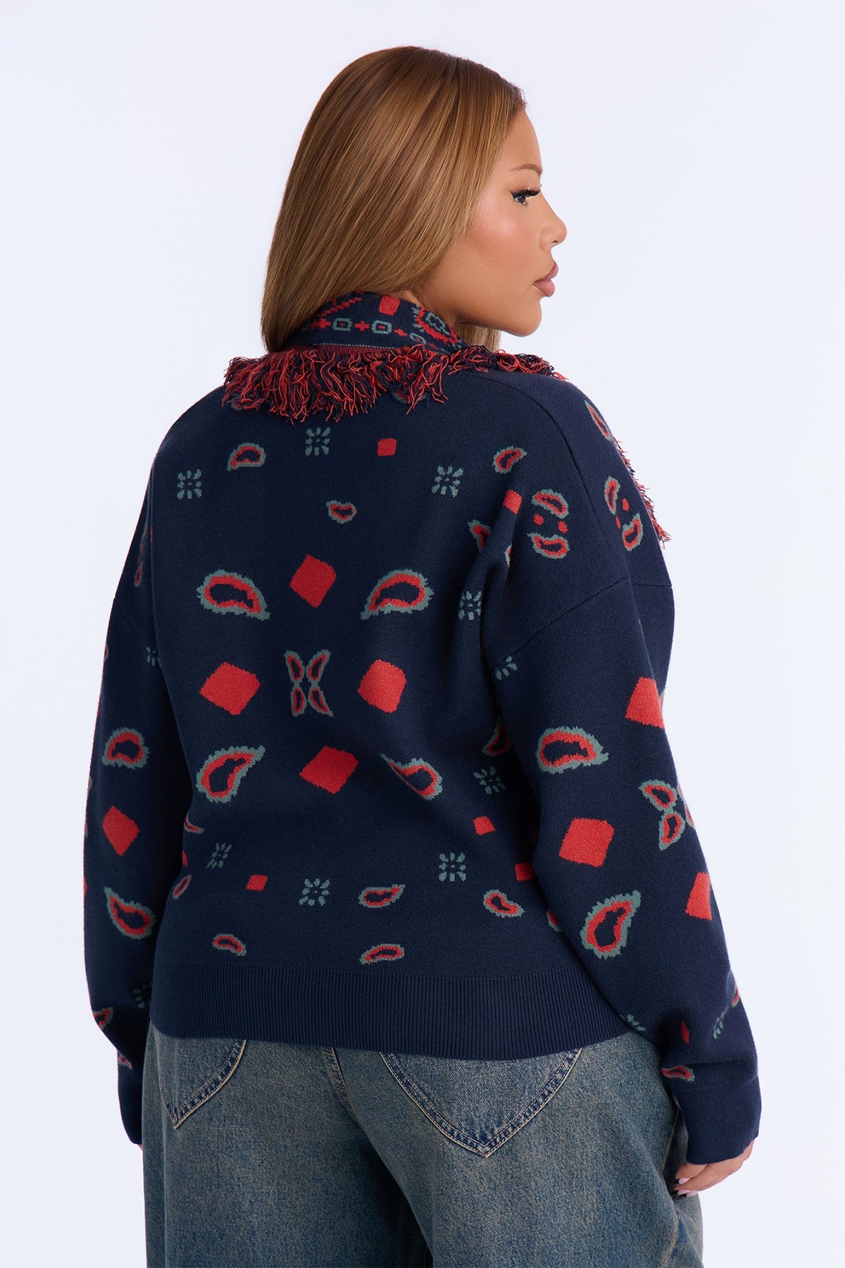 Lina Fringe Paisley Button Up Cardigan - Navy/combo