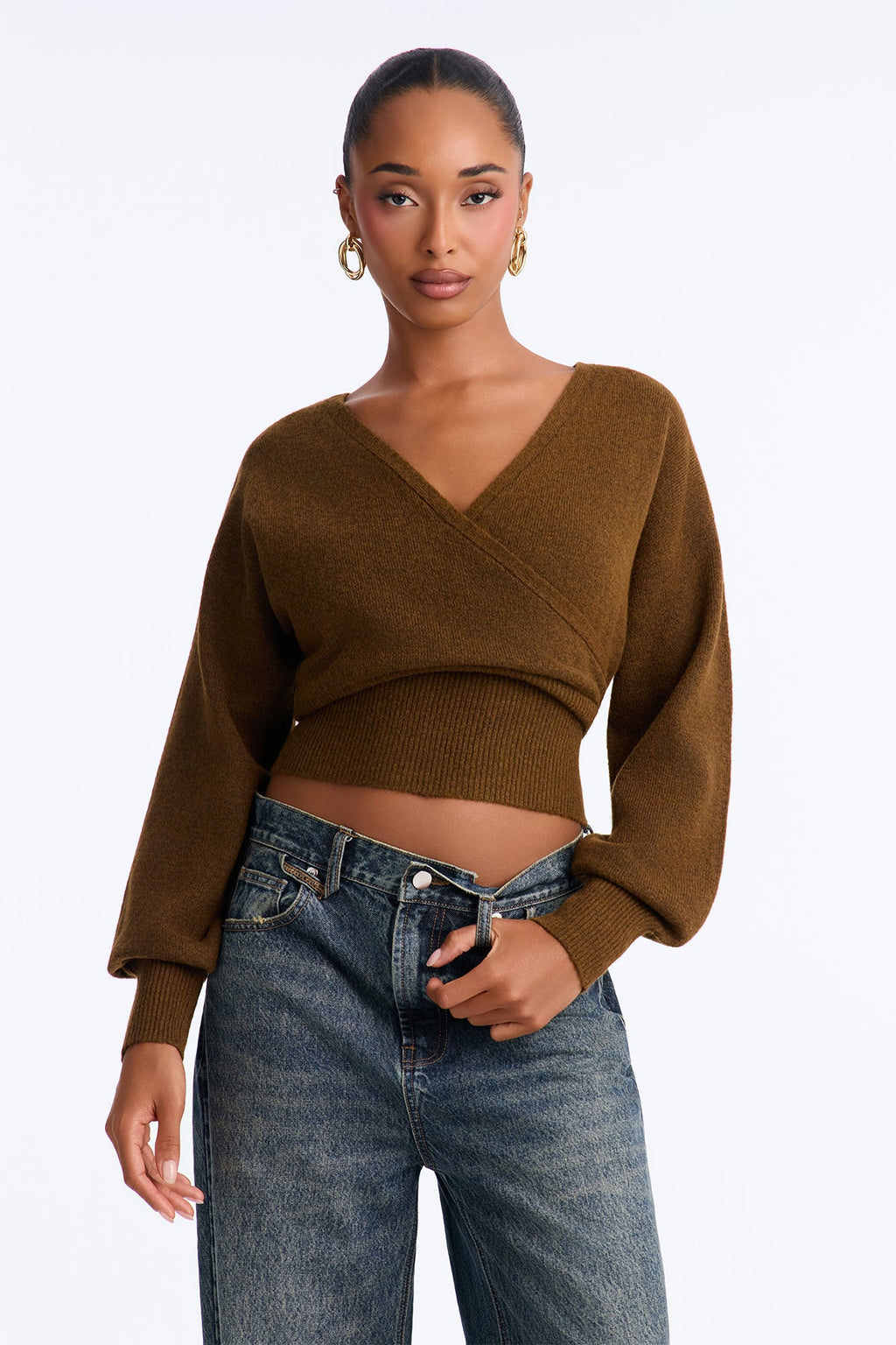 Madalyn Surplice Neck Long Sleeve Sweater - Chocolate