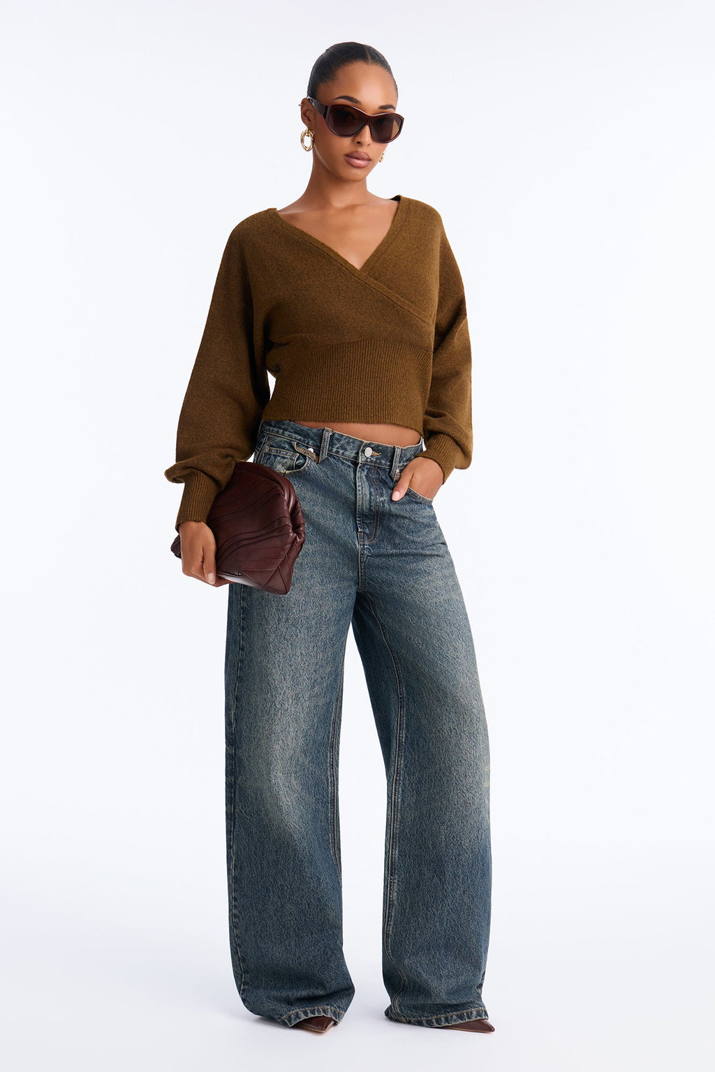 Madalyn Surplice Neck Long Sleeve Sweater - Chocolate