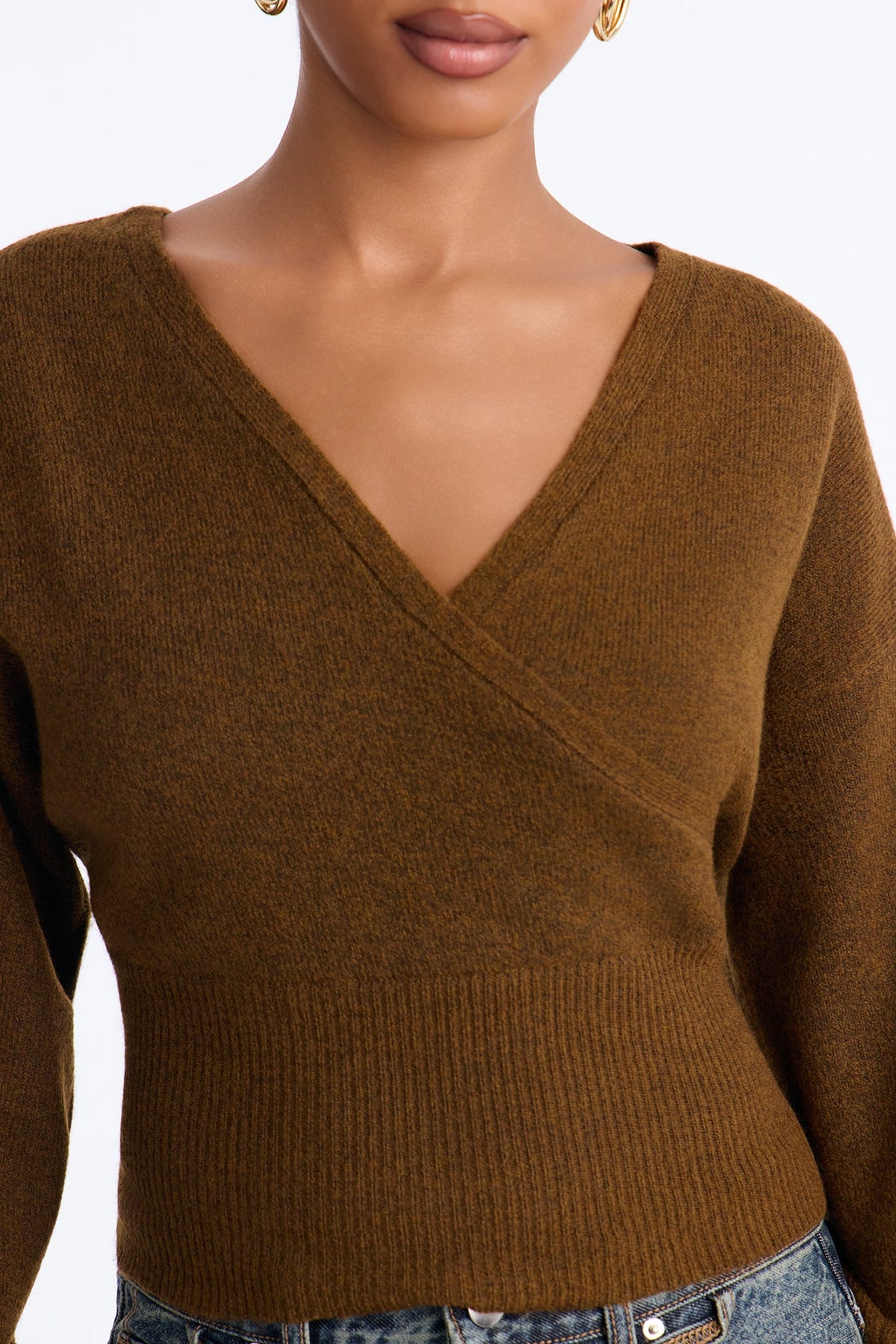 Madalyn Surplice Neck Long Sleeve Sweater - Chocolate
