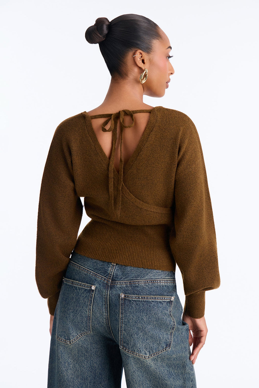 Madalyn Surplice Neck Long Sleeve Sweater - Chocolate