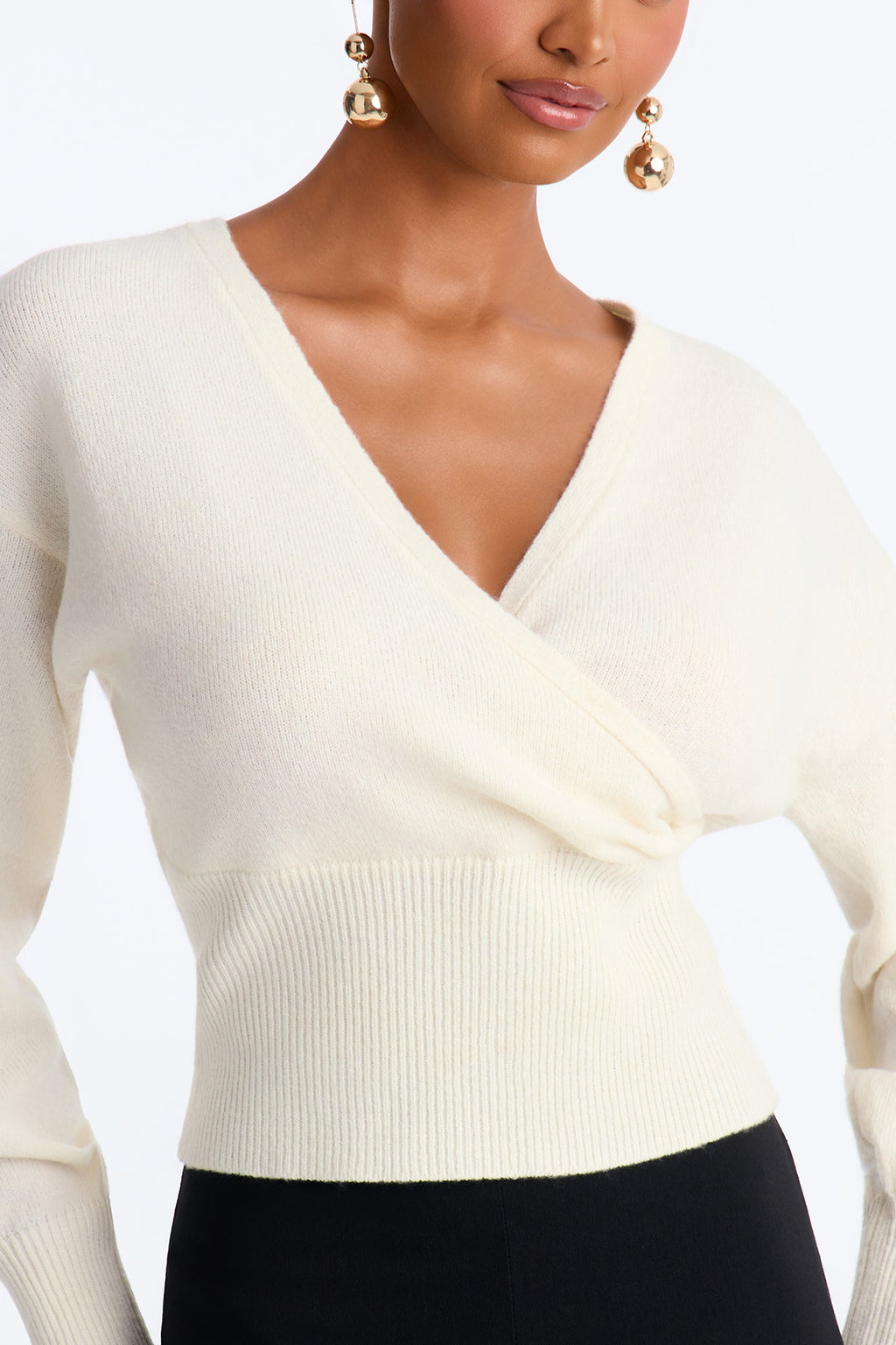 Madalyn Surplice Neck Long Sleeve Sweater - Ivory
