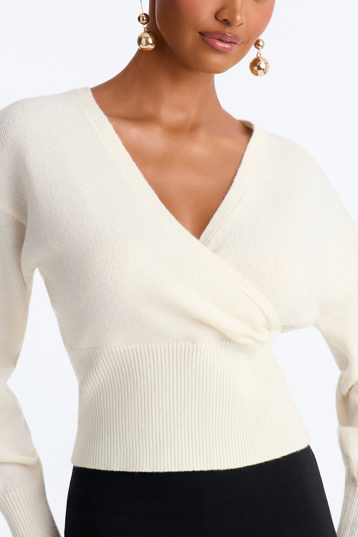 Madalyn Surplice Neck Long Sleeve Sweater - Ivory