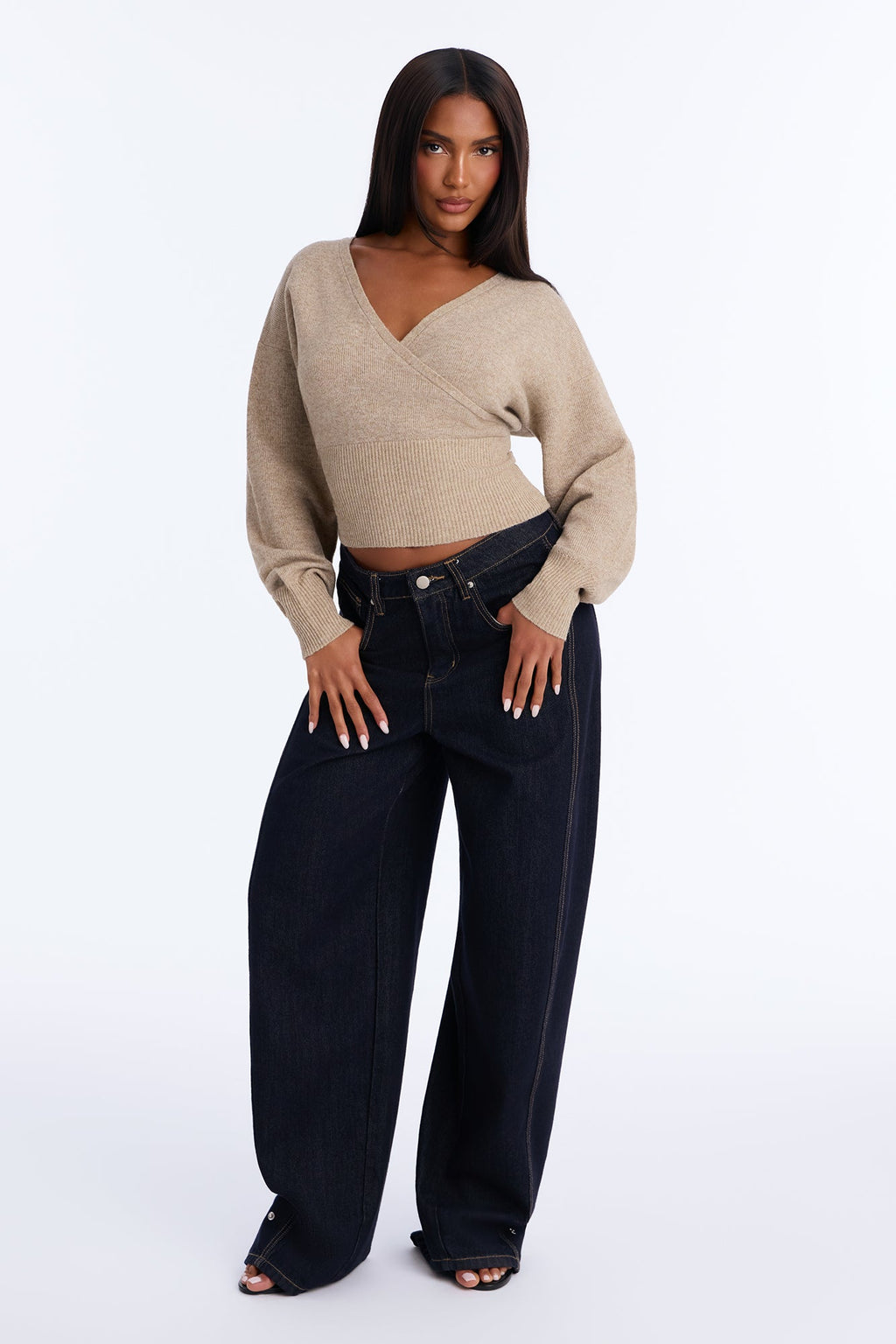 Madalyn Surplice Neck Long Sleeve Sweater - Taupe