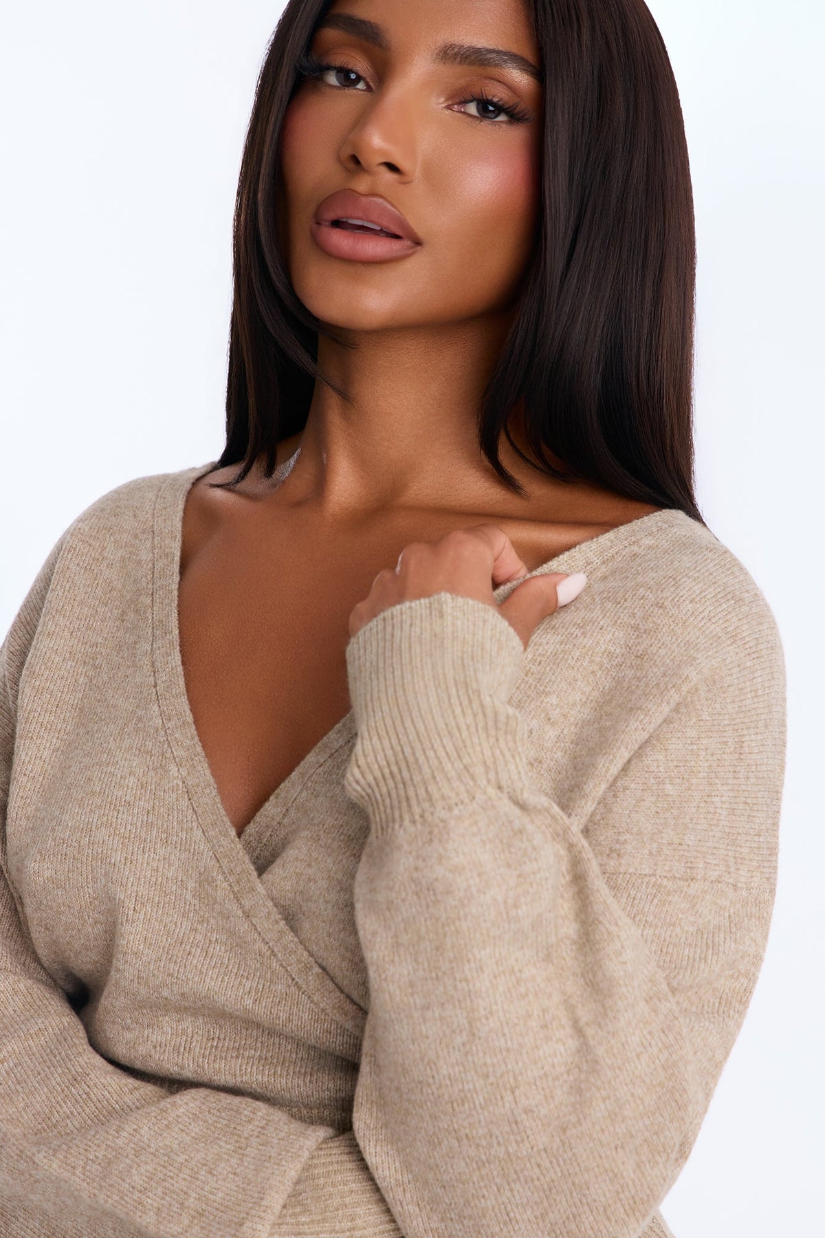 Madalyn Surplice Neck Long Sleeve Sweater - Taupe