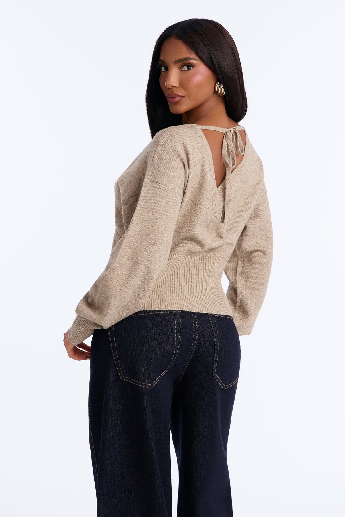 Madalyn Surplice Neck Long Sleeve Sweater - Taupe