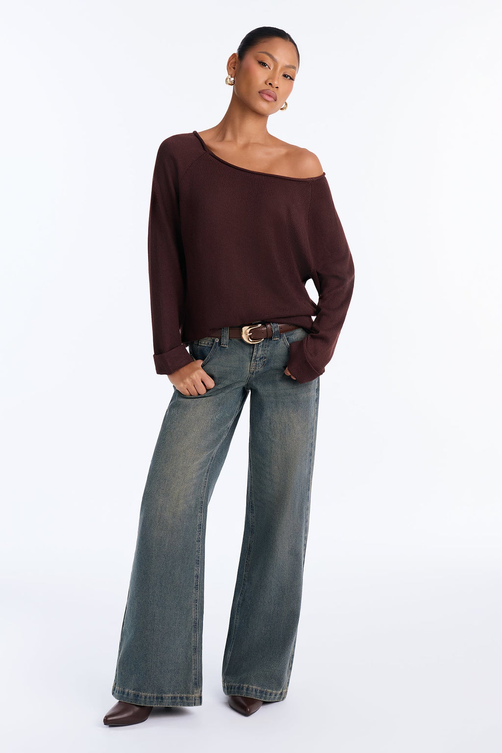 Casey Off Shoulder Long Sleeve Sweater - Chocolate