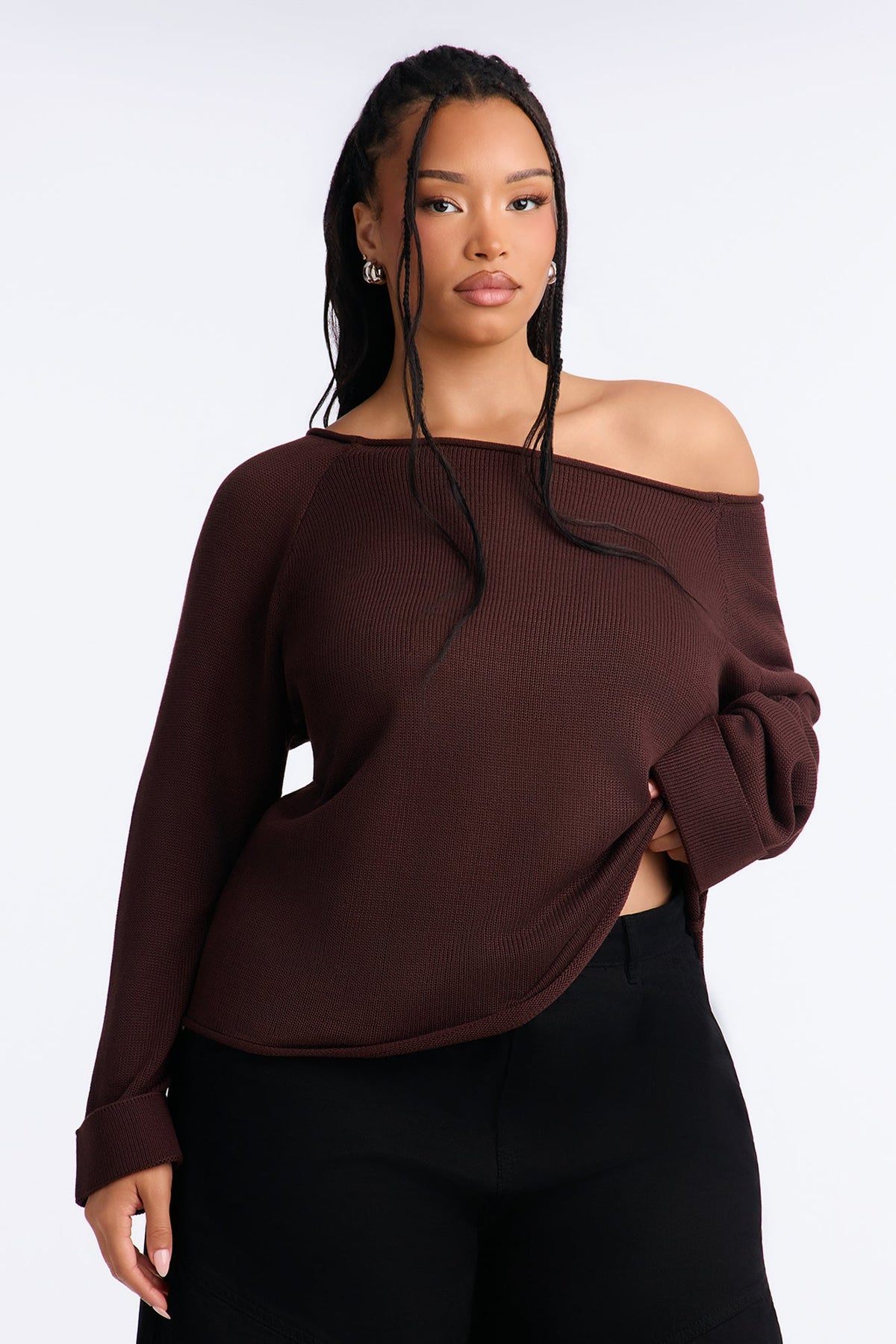 Casey Off Shoulder Long Sleeve Sweater - Chocolate