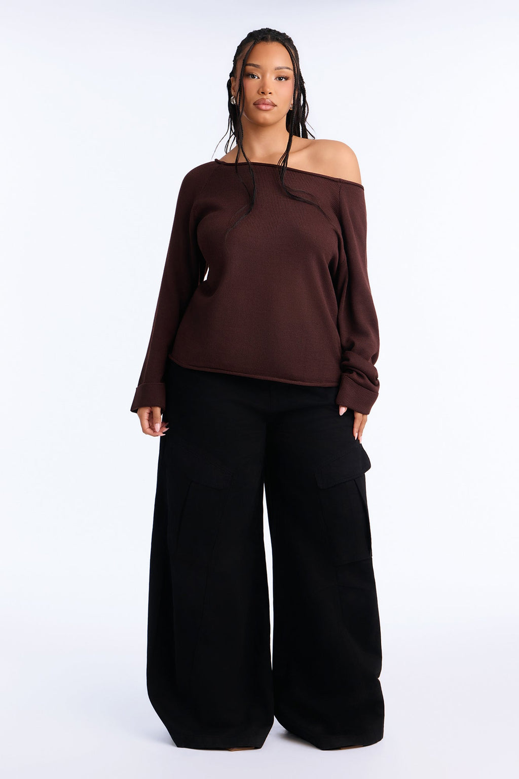 Casey Off Shoulder Long Sleeve Sweater - Chocolate