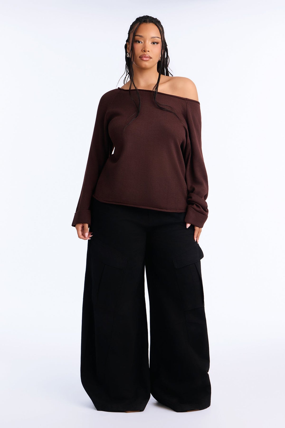 Casey Off Shoulder Long Sleeve Sweater - Chocolate