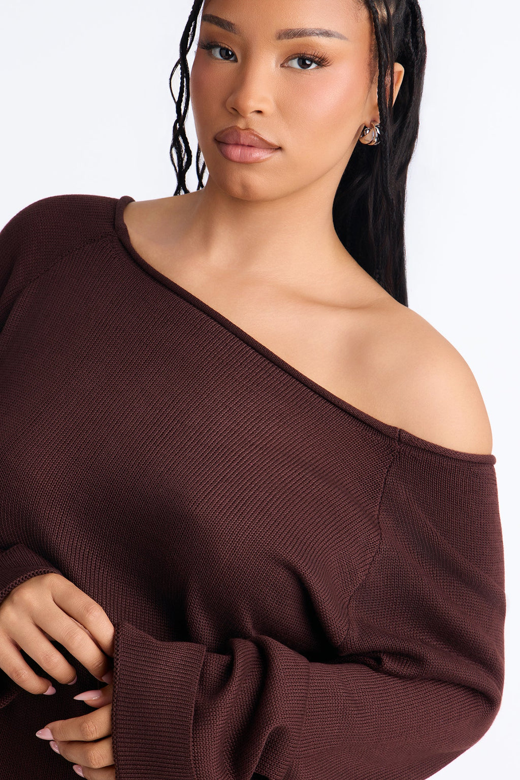 Casey Off Shoulder Long Sleeve Sweater - Chocolate