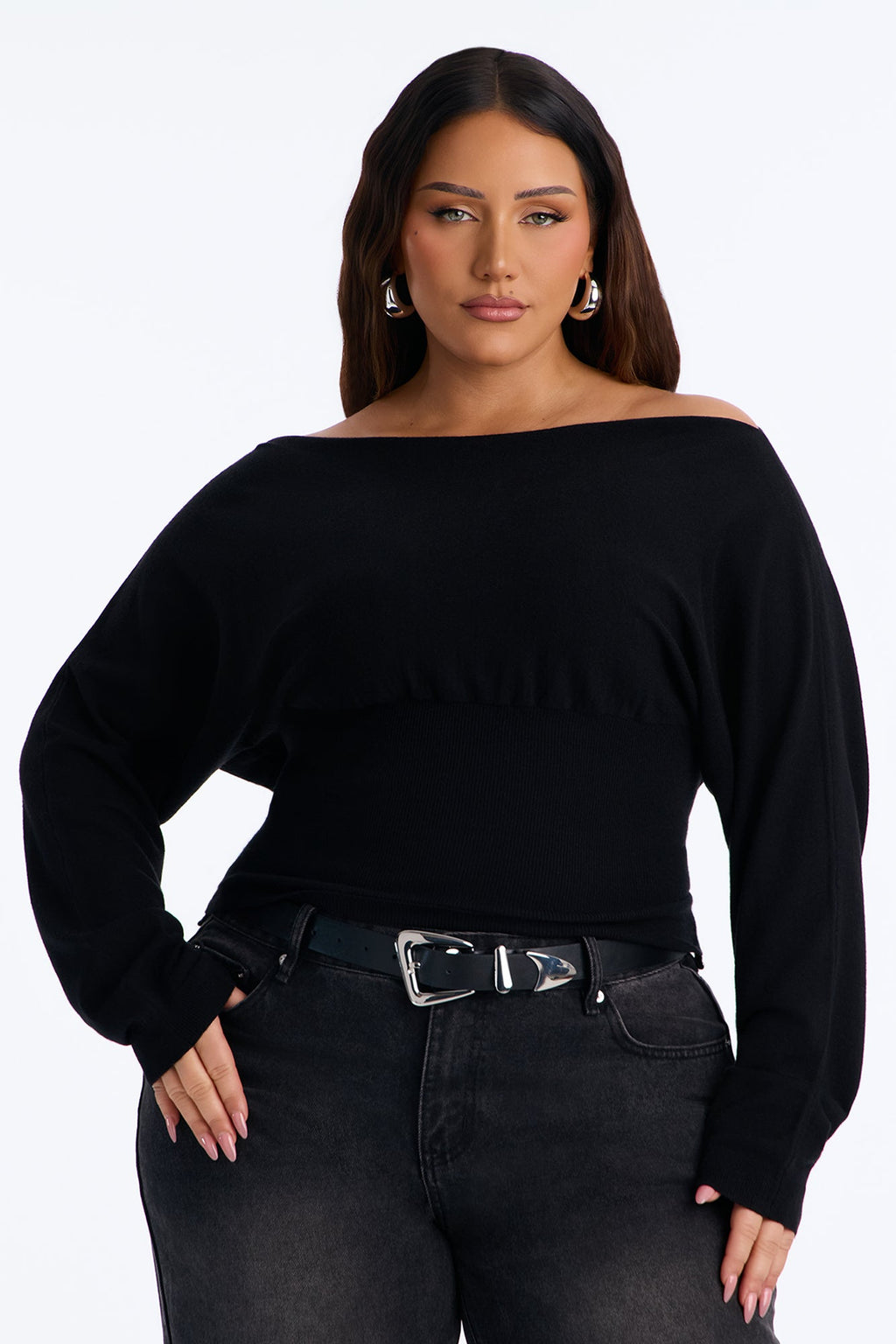 Eileen Off Shoulder Long Sleeve Sweater - Black