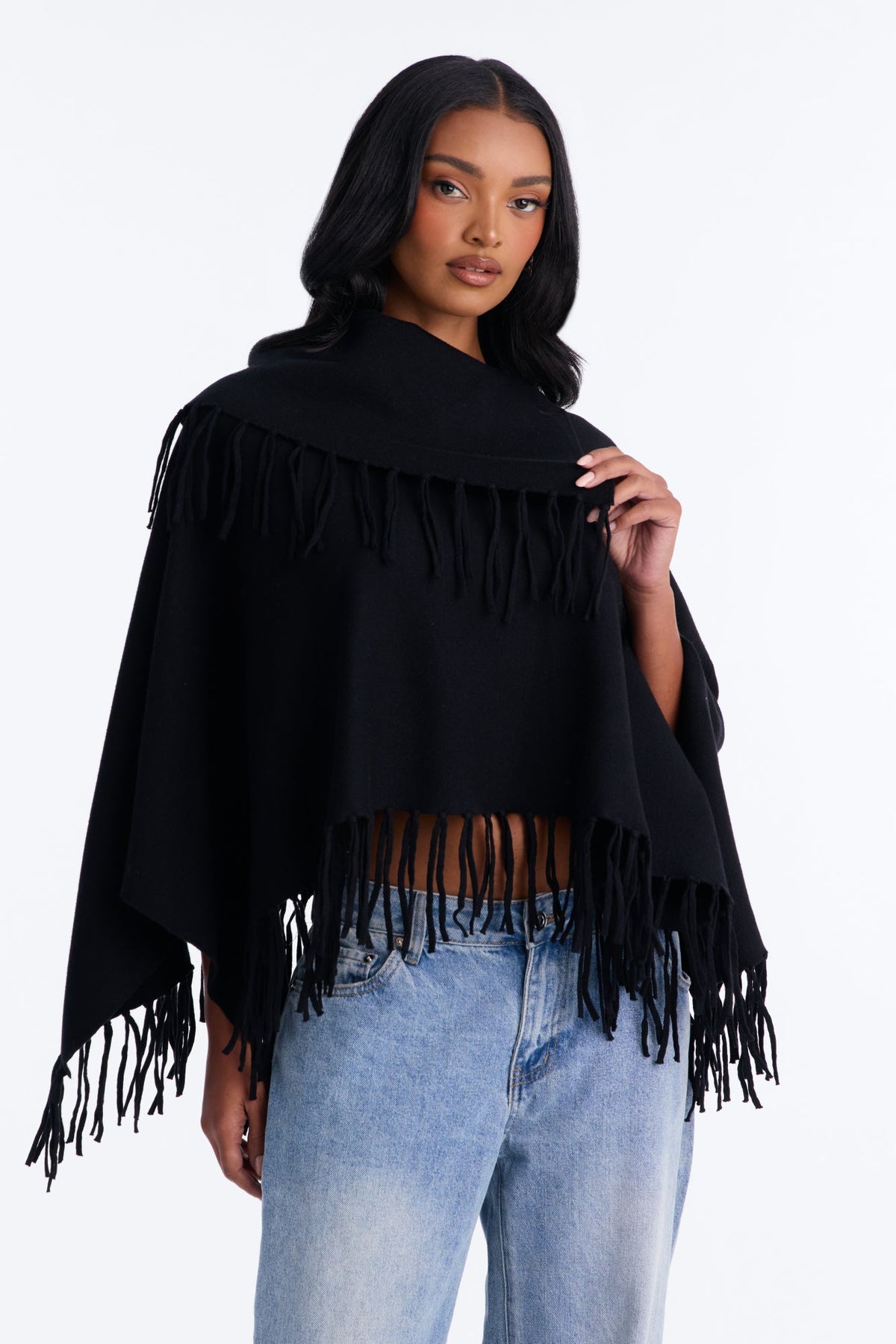 Luxury Mode Fringe Poncho Sweater - Black