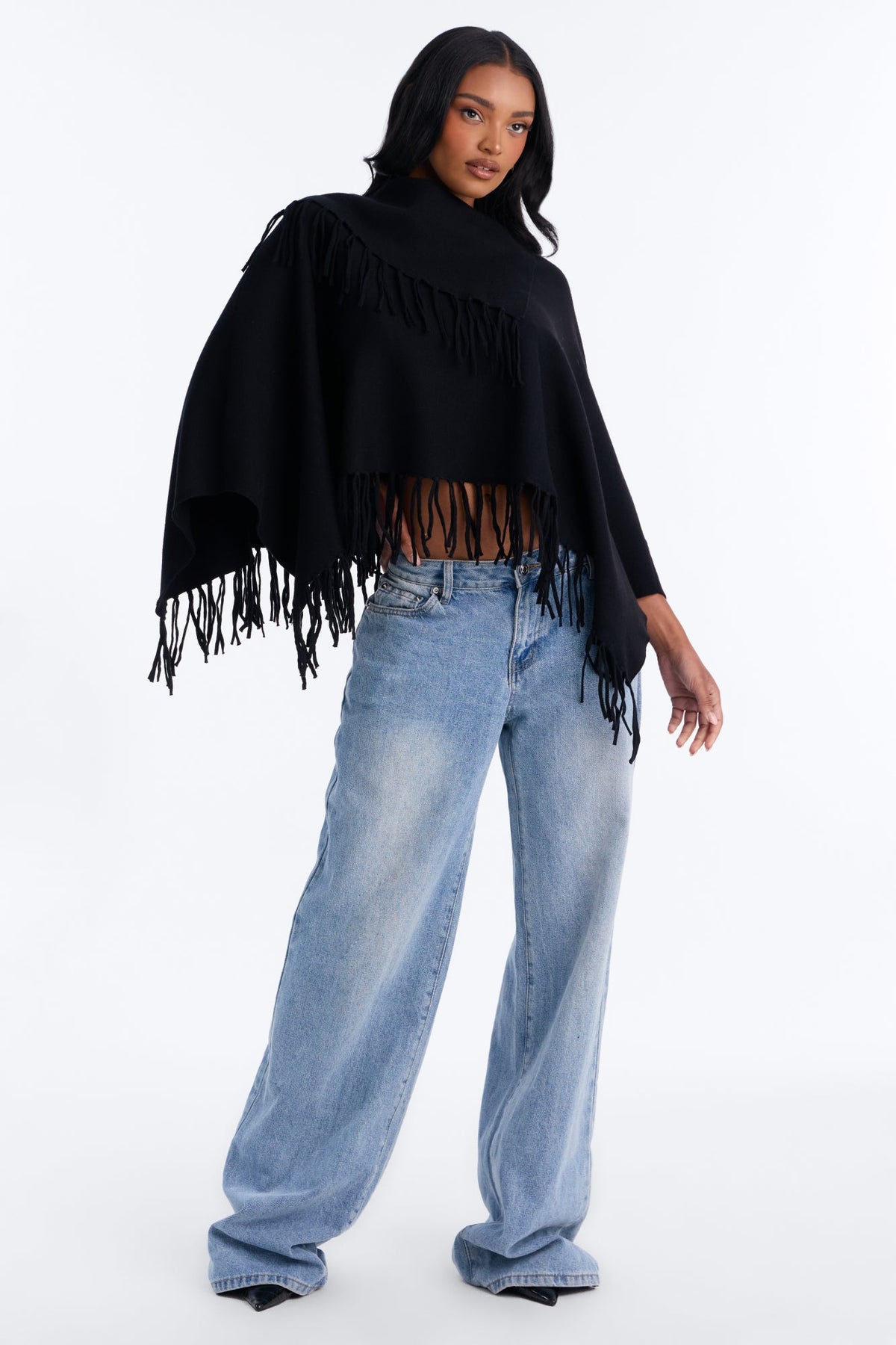 Luxury Mode Fringe Poncho Sweater - Black