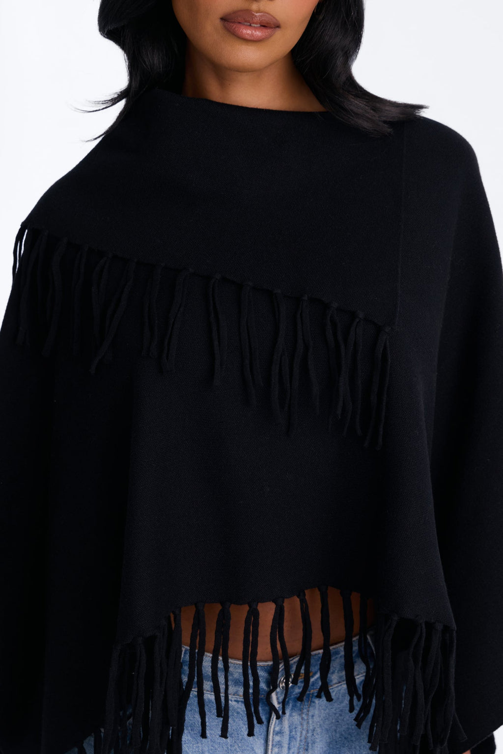 Luxury Mode Fringe Poncho Sweater - Black