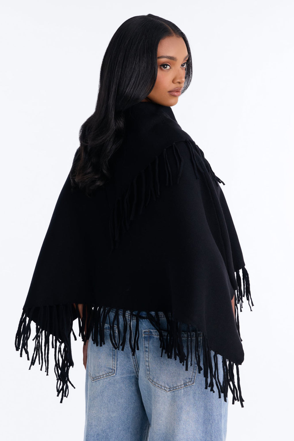 Luxury Mode Fringe Poncho Sweater - Black