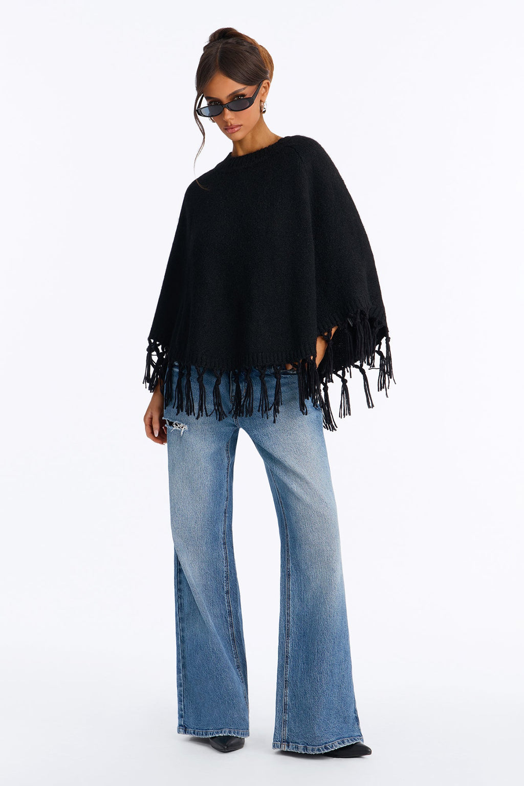 The Muse Fringe Poncho Sweater - Black