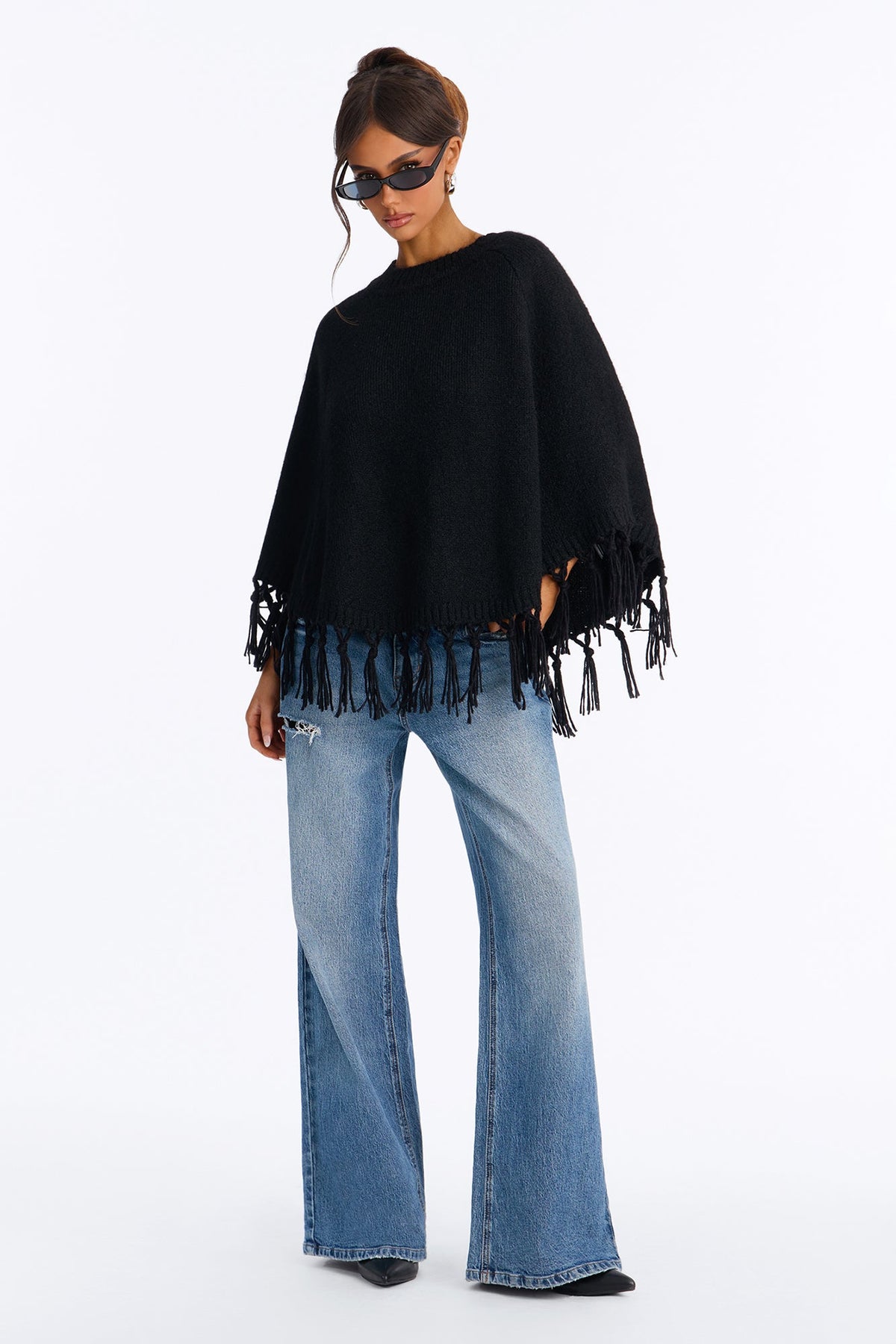 The Muse Fringe Poncho Sweater - Black