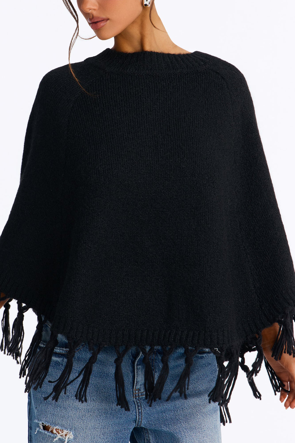 The Muse Fringe Poncho Sweater - Black