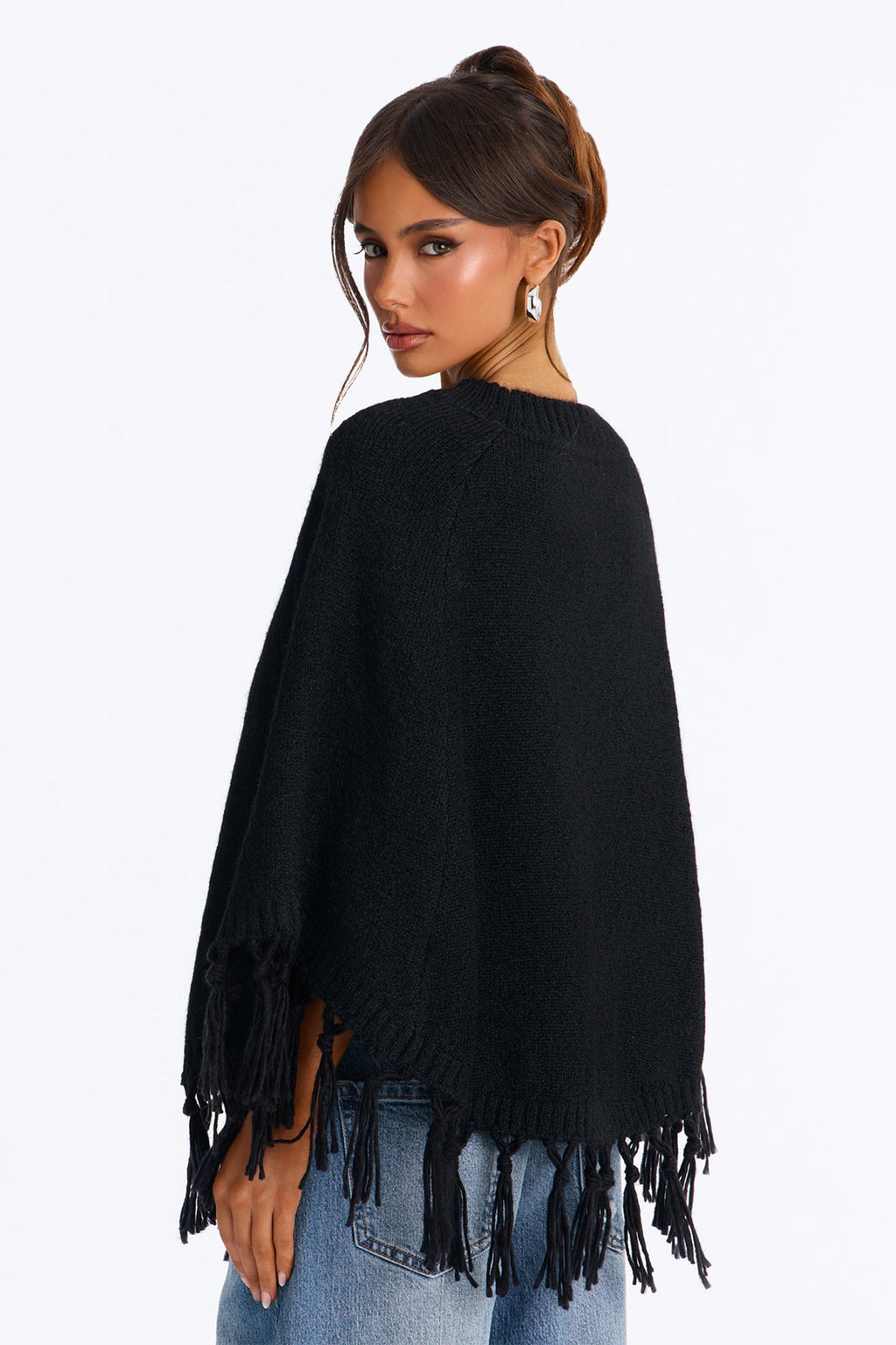 The Muse Fringe Poncho Sweater - Black