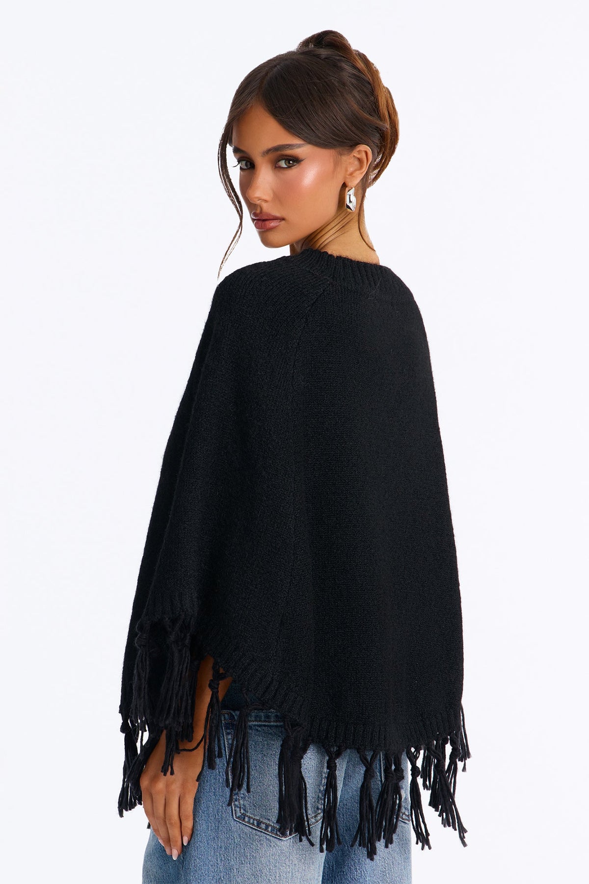 The Muse Fringe Poncho Sweater - Black