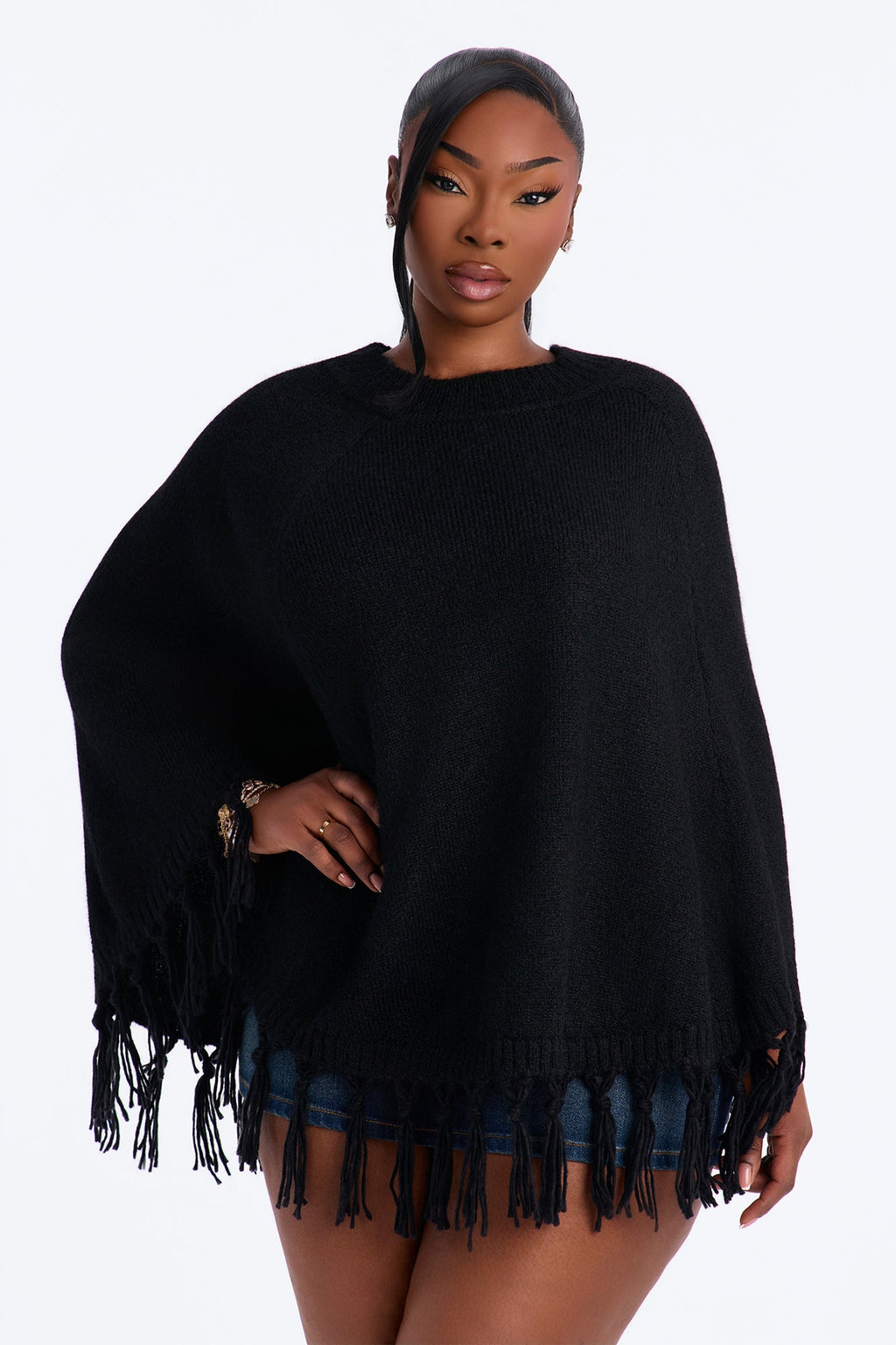 The Muse Fringe Poncho Sweater - Black