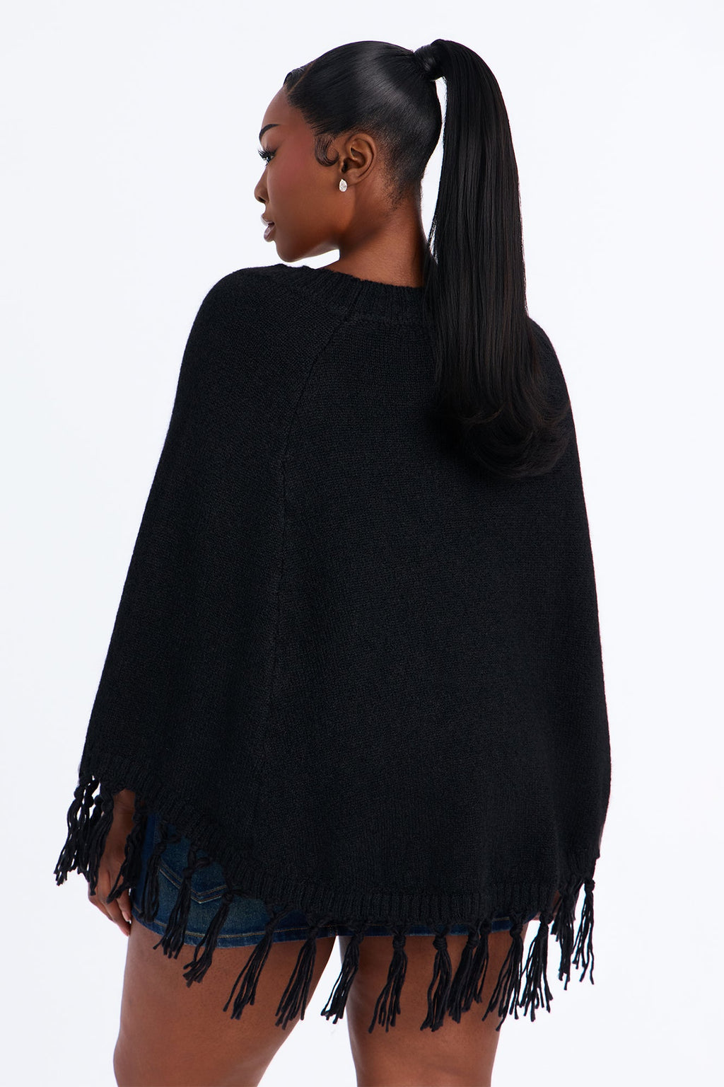 The Muse Fringe Poncho Sweater - Black