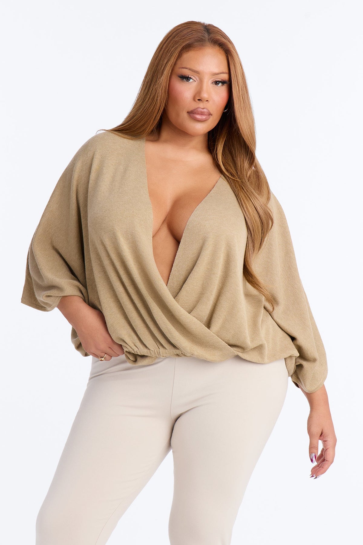 Annah Surplice Sweater Top - Taupe