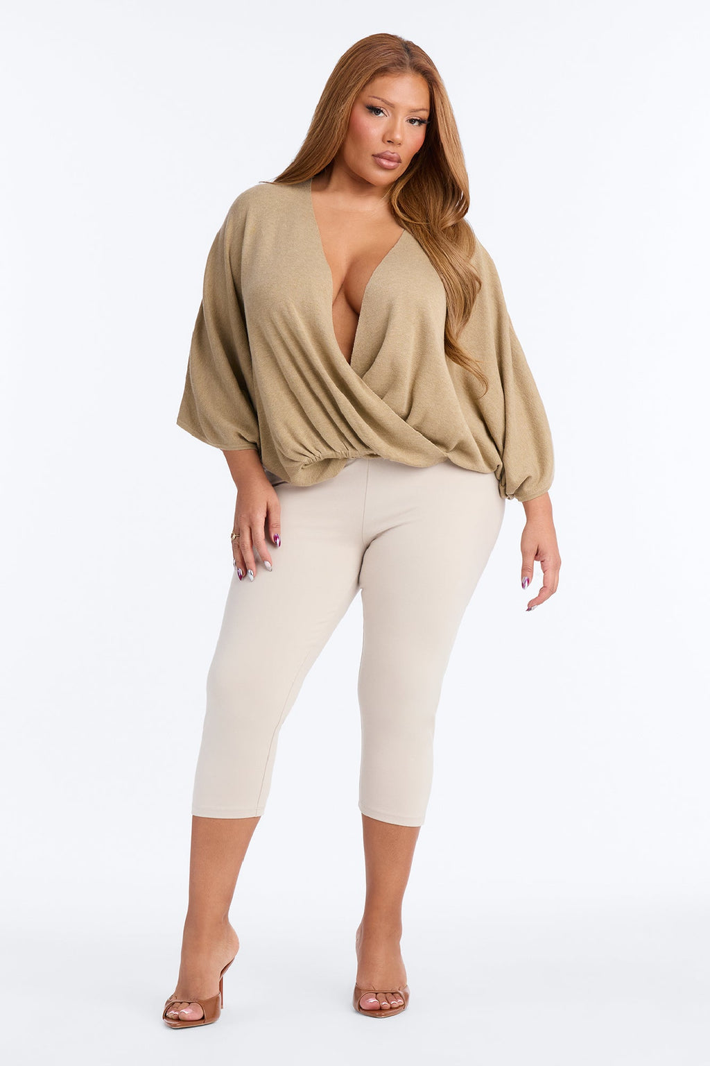 Annah Surplice Sweater Top - Taupe