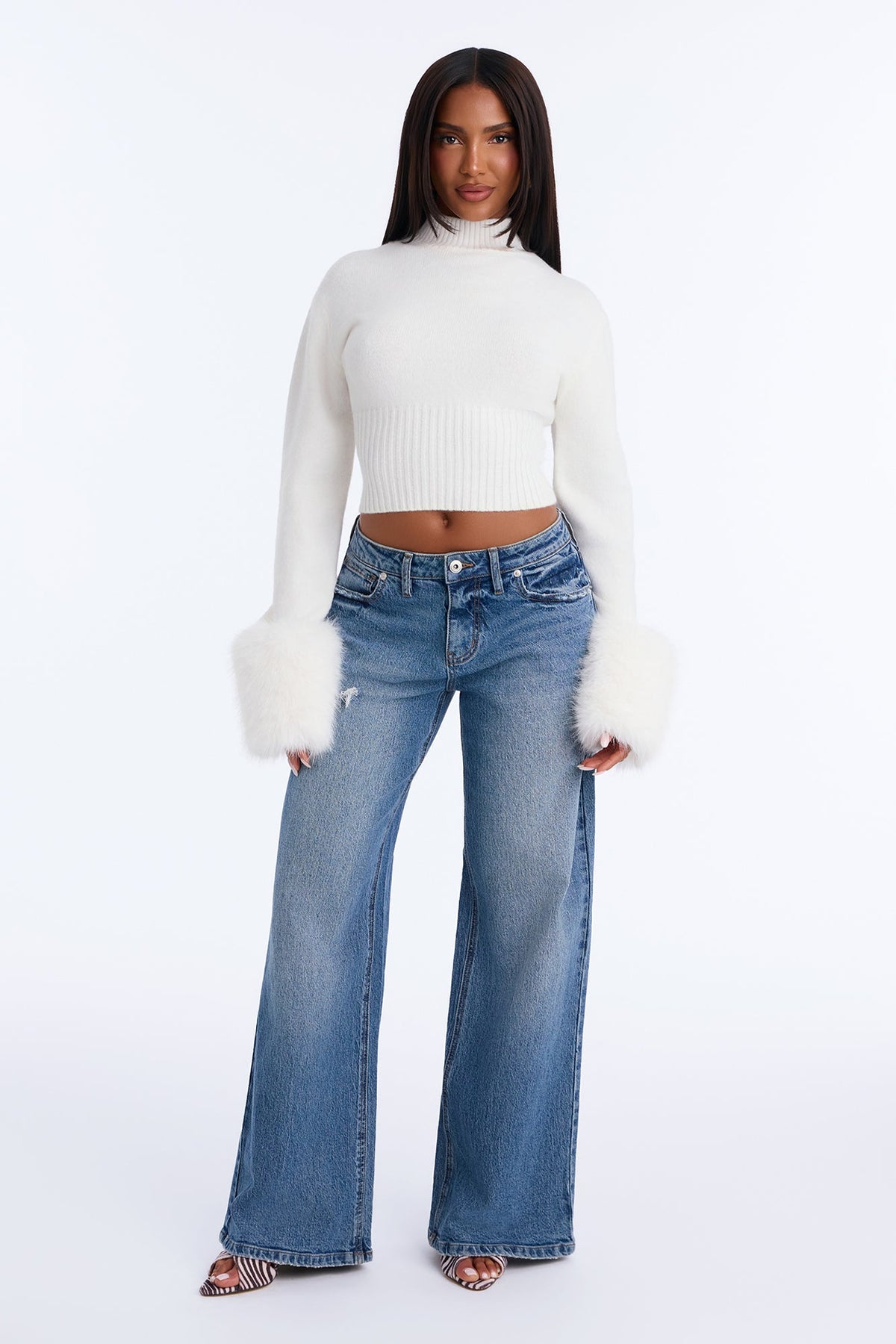 Randi Cropped Fur Cuff Pullover Sweater - White