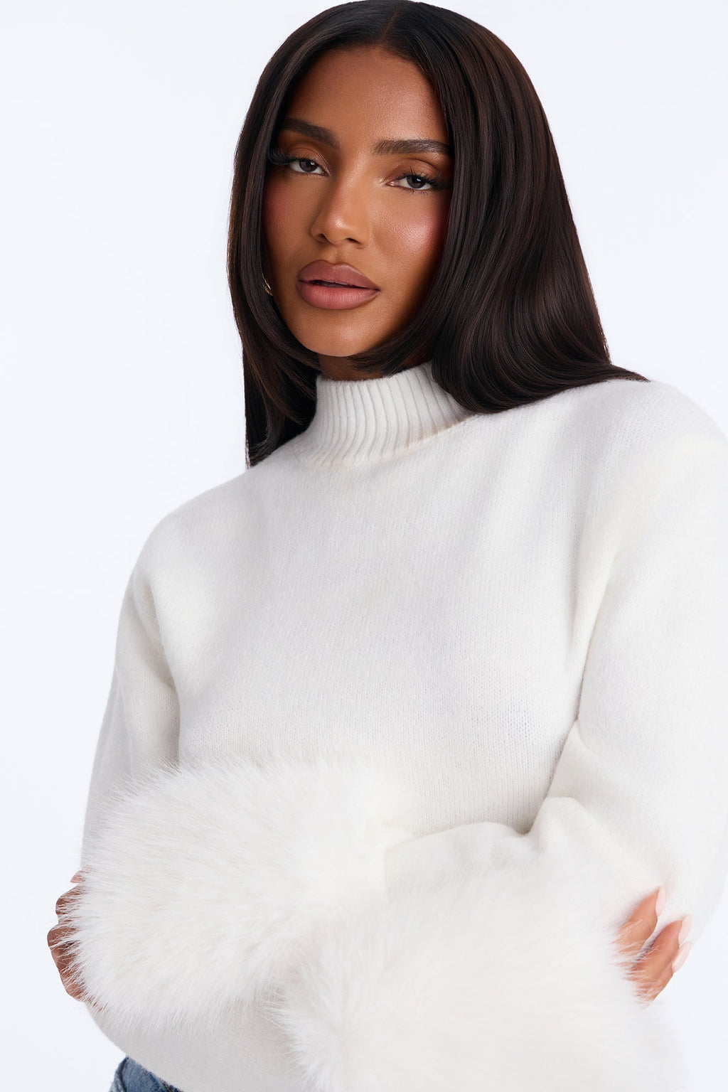 Randi Cropped Fur Cuff Pullover Sweater - White