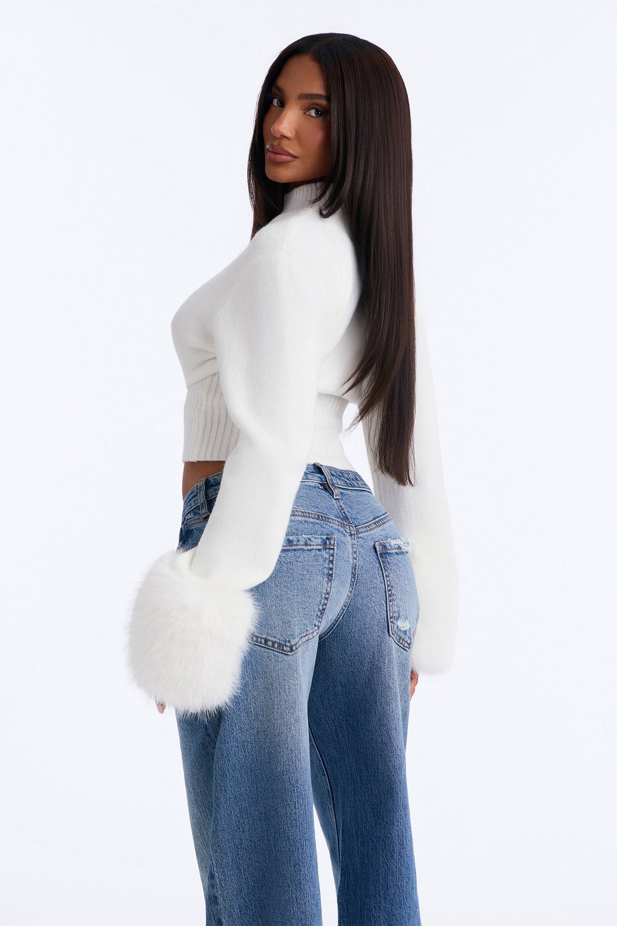 Randi Cropped Fur Cuff Pullover Sweater - White