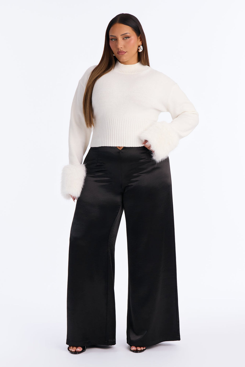 Randi Cropped Fur Cuff Pullover Sweater - White