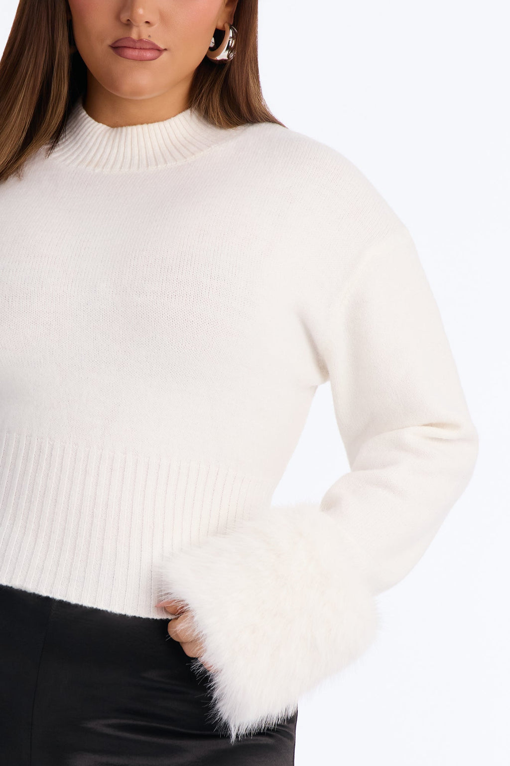 Randi Cropped Fur Cuff Pullover Sweater - White